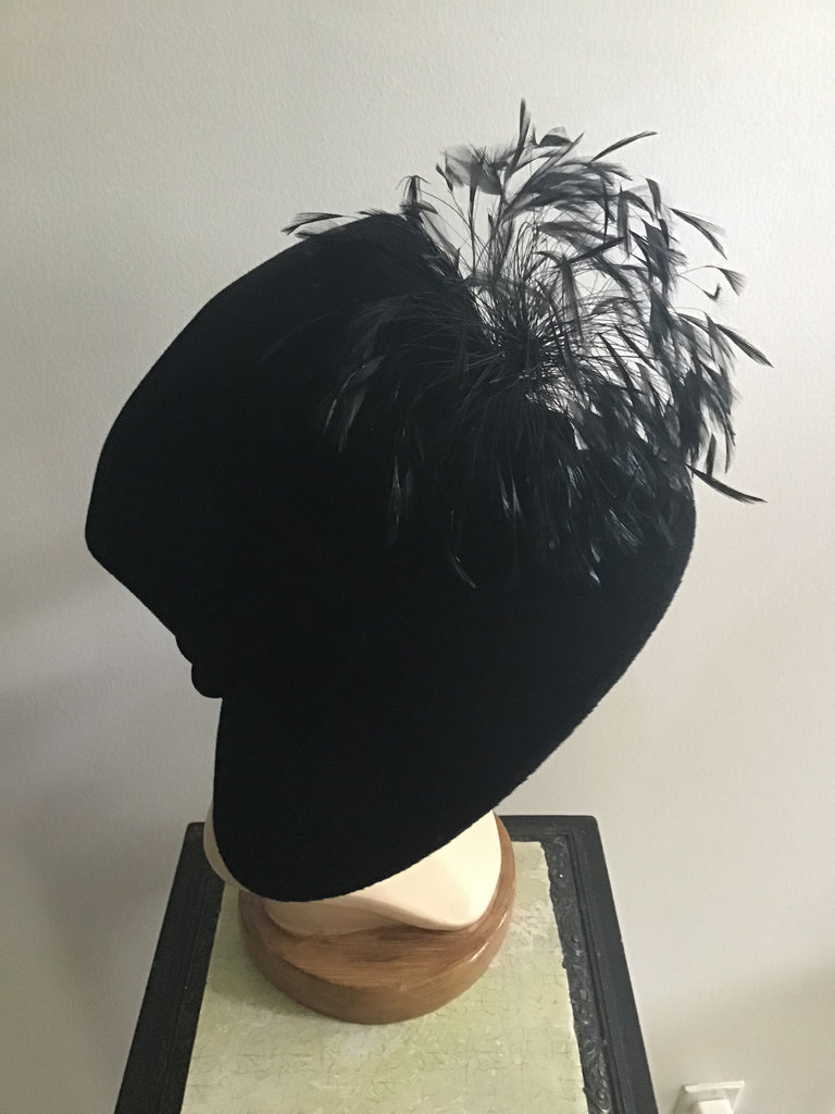 2000s Phillip Treacy Black Velvet Hat with Feathers