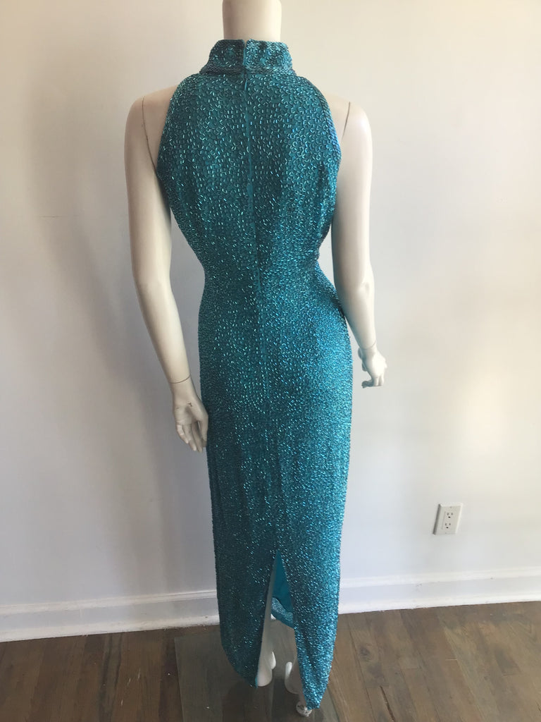 1980s Black Tie by Oleg Cassini Silk Turquoise Entirely Beaded Dress size 10