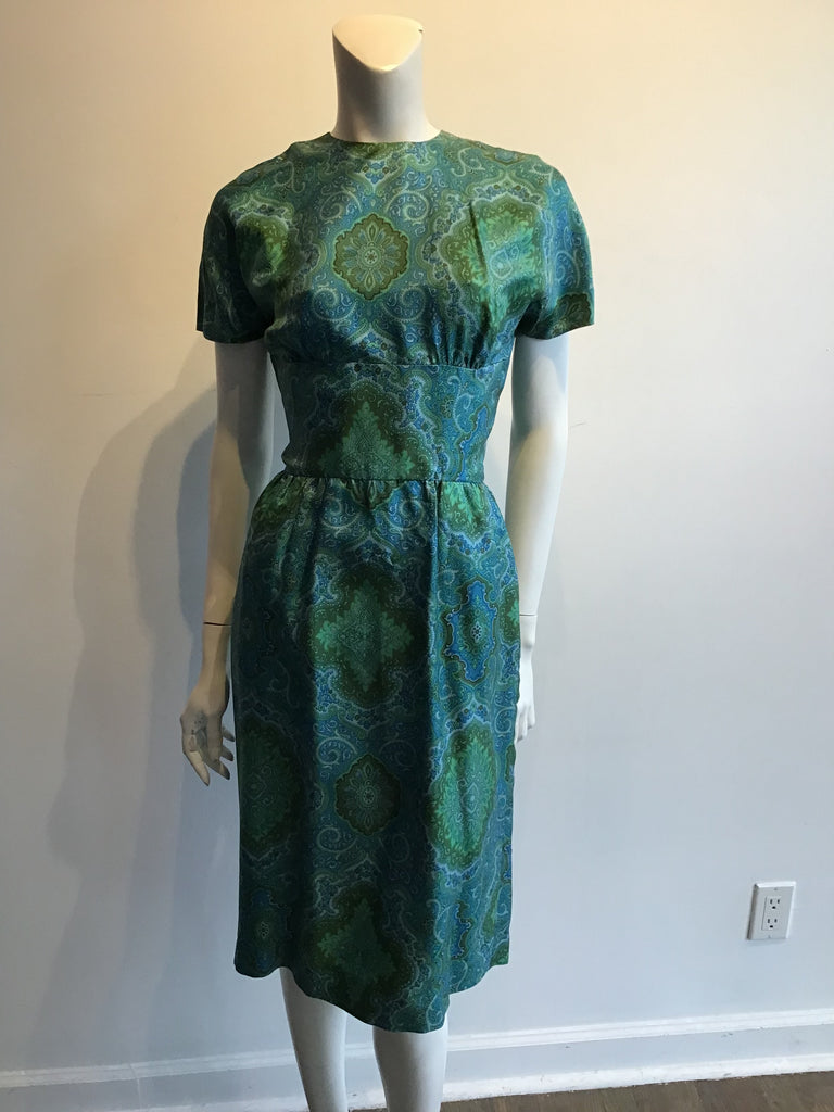 1950s blue and green silk day dress