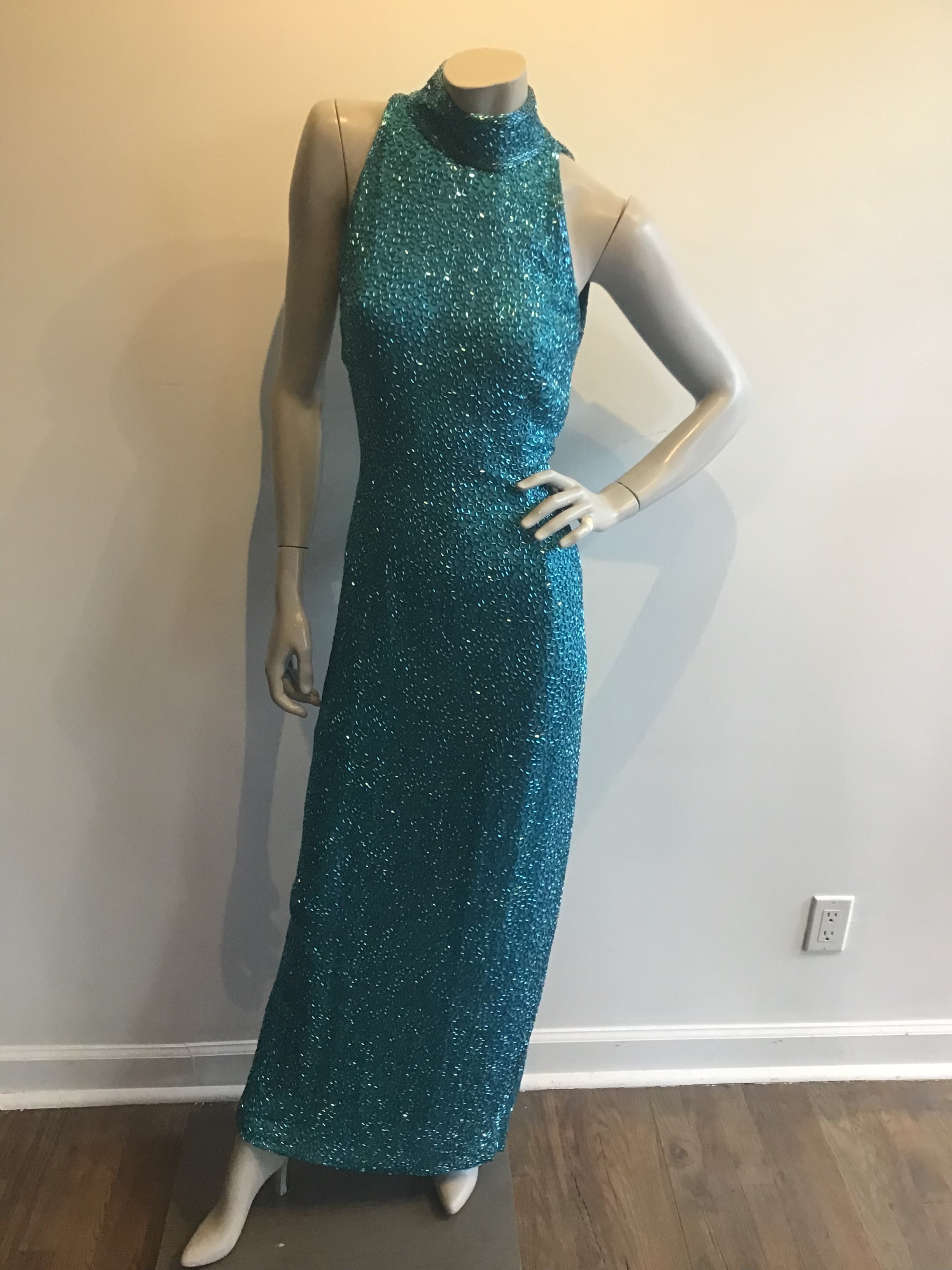 1980s Black Tie by Oleg Cassini Silk Turquoise Entirely Beaded Dress s Sophia's Gallery 1980s Black Tie by Oleg Cassini Silk Turquoise Entirely Beaded Dress s Sophia's Gallery