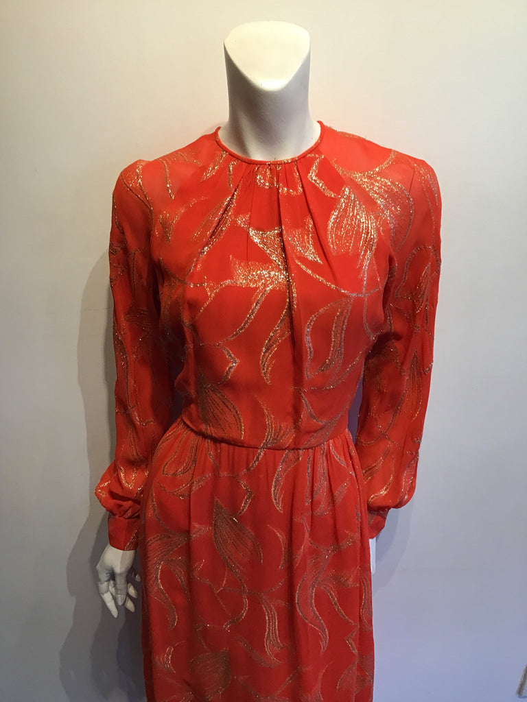 1970’s Adele Simpson Orange and Gold Lamé Evening Gown Size 8