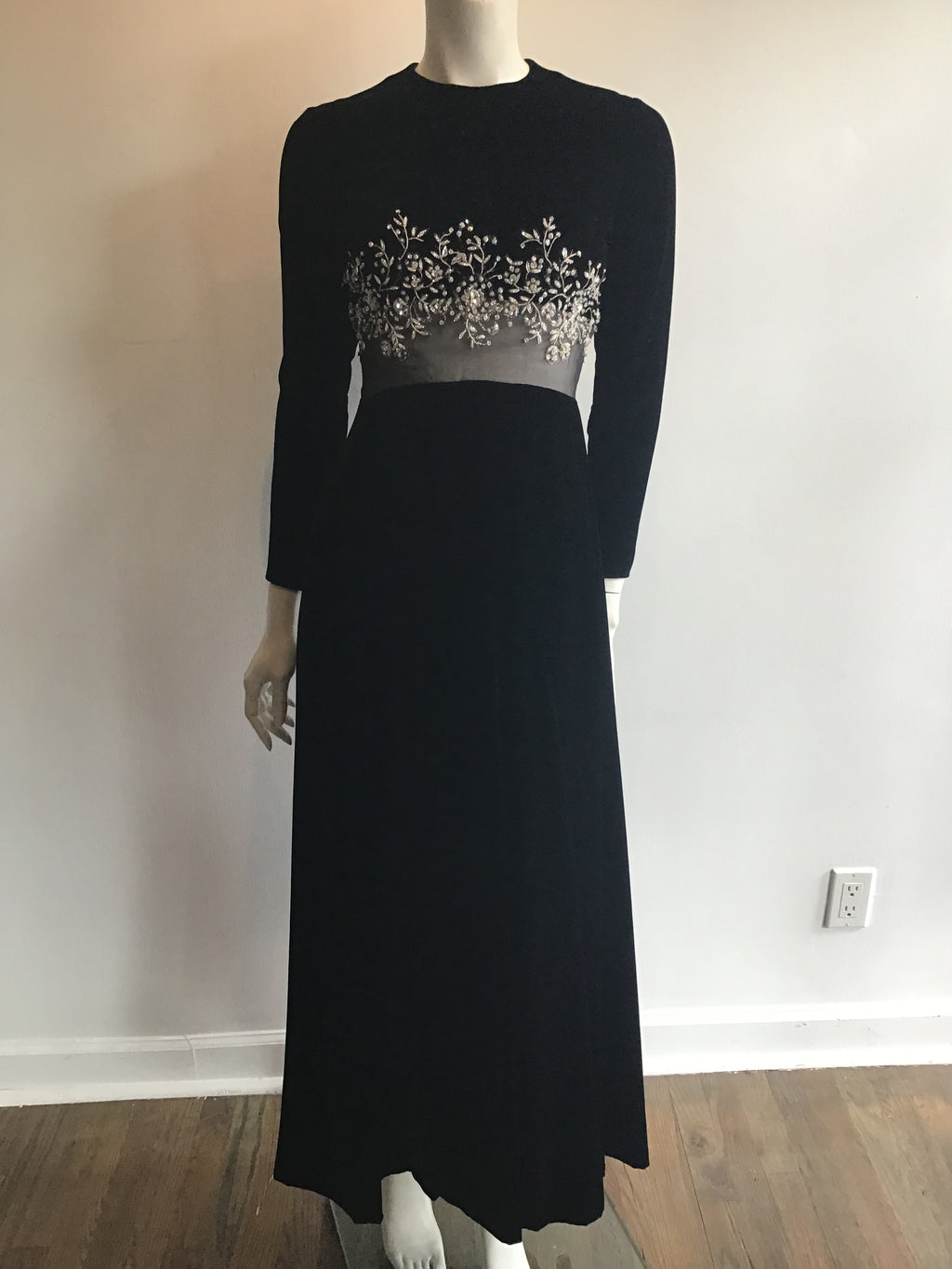 1960's Malcolm Starr Black Silk Velvet Evening Dress with rhinestone and Crystal detailing on bodice illusion waist Size 5/6
