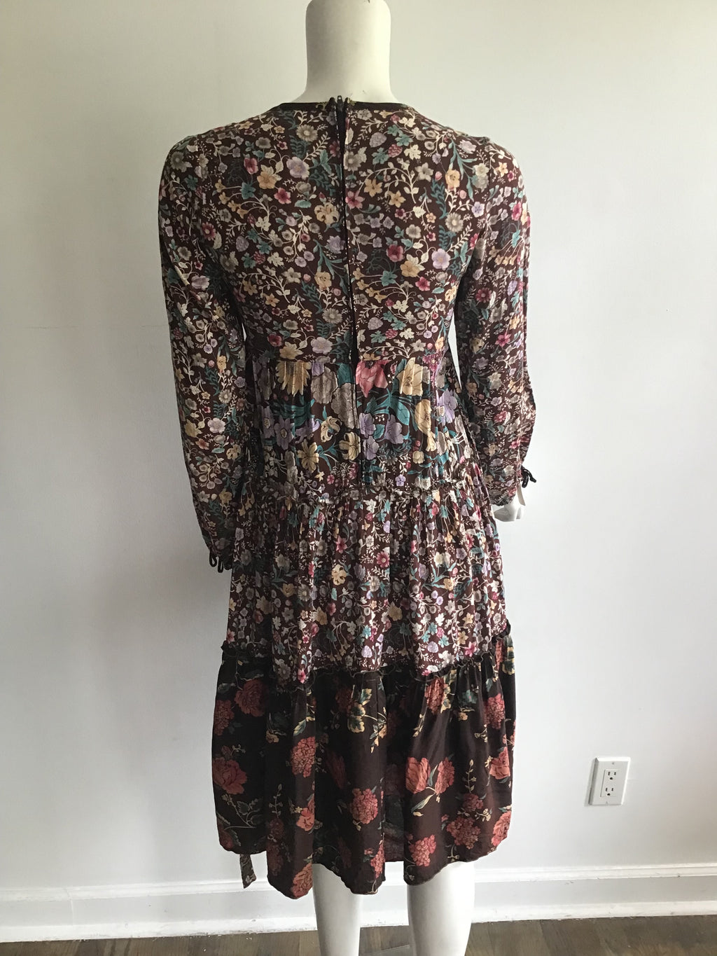 1970s Brown Floral Cotton Dress Size 4