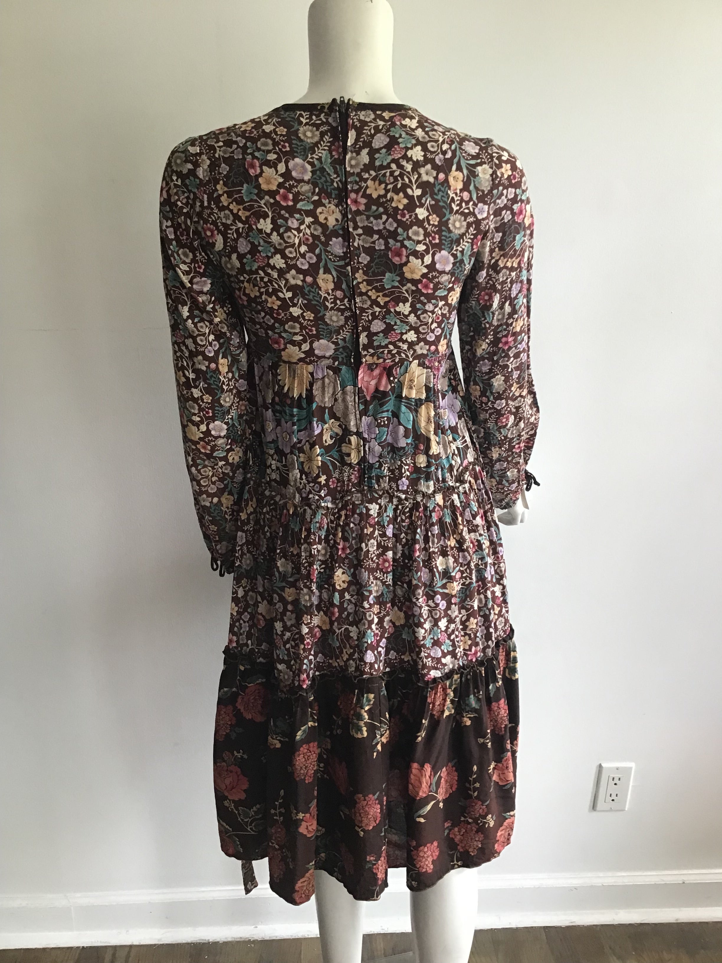 1970s Brown Floral Cotton Dress Size 4