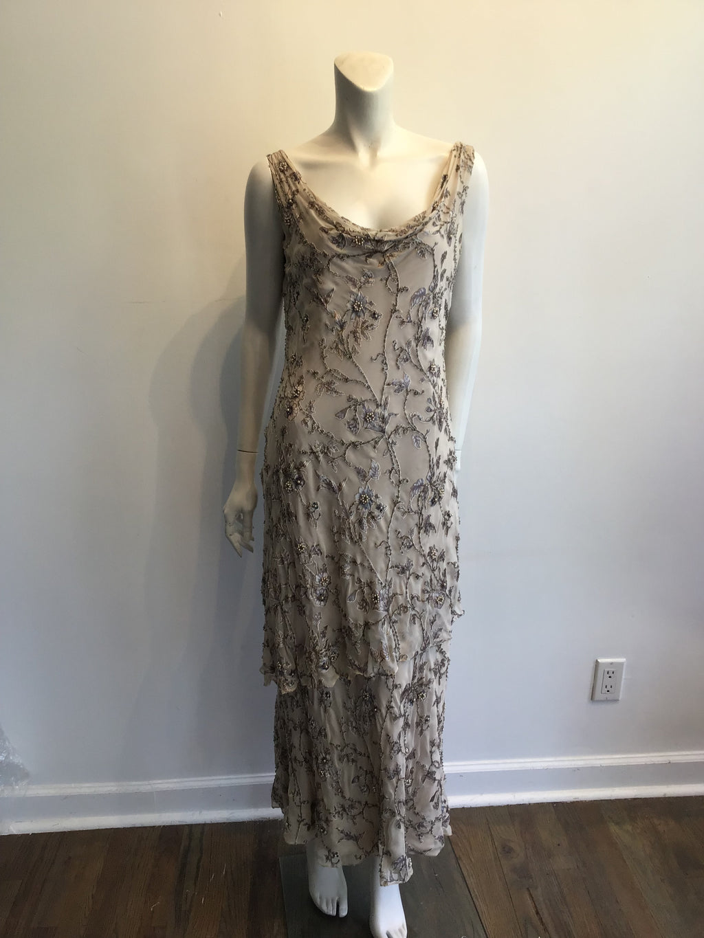 1990s Victoria Royal Taupe Silk Evening Gown Size 16