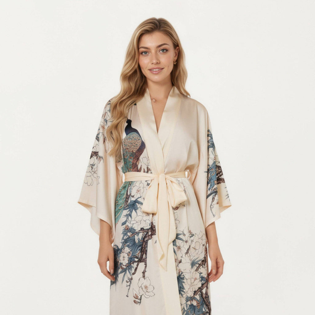 Long Satin Kimono Robe with Tie Waist and Artistic Floral Pr