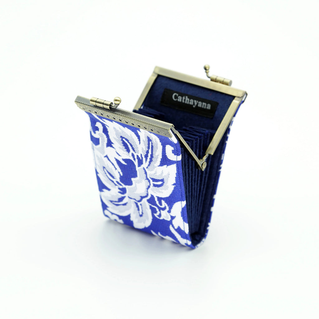 White and Blue Floral Brocade Card Holder with Rfid