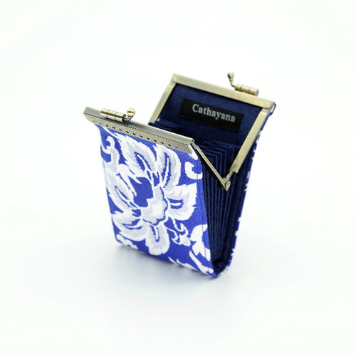 White and Blue Floral Brocade Card Holder with Rfid