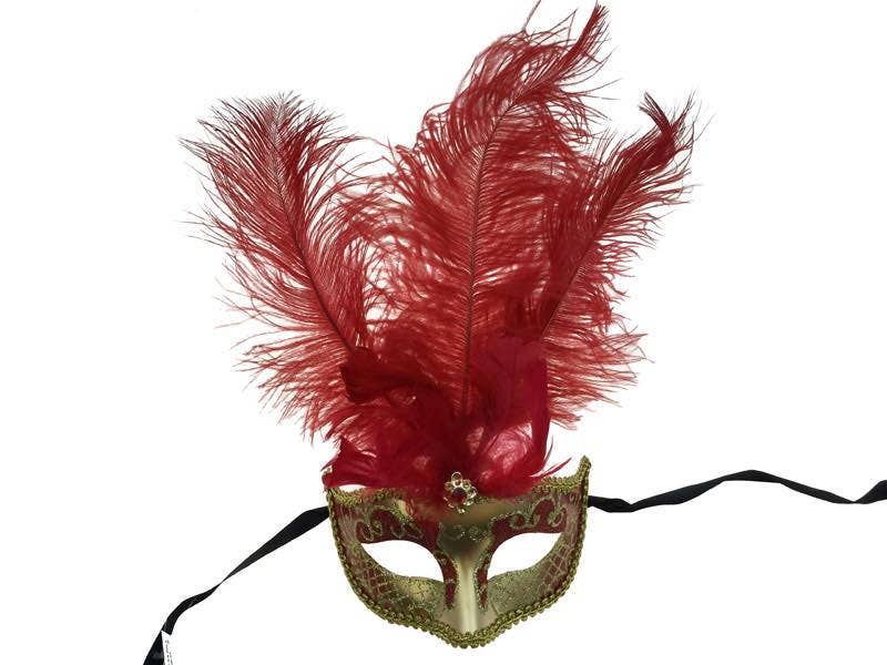 Red Gold Venetian Feather Mask