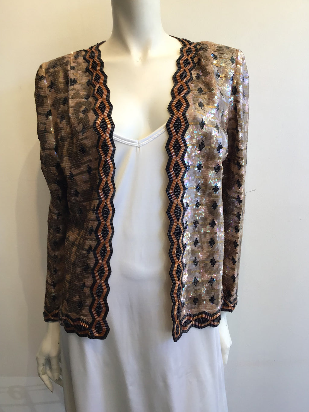 1980’s Sequined And Beaded Evening Jacket in Copper, Peach and Black Size 8