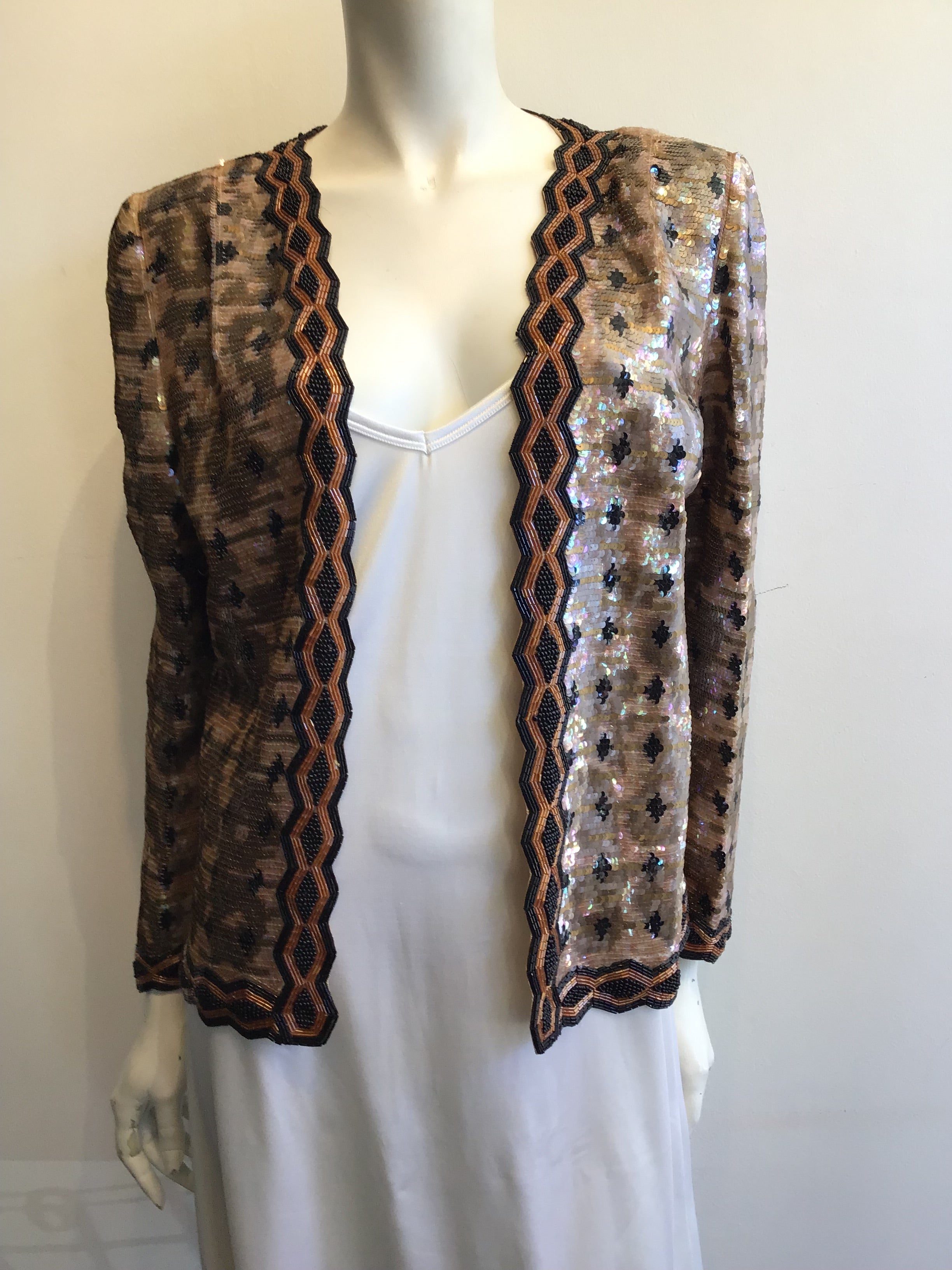 1980’s Sequined And Beaded Evening Jacket in Copper, Peach and Black Size 8