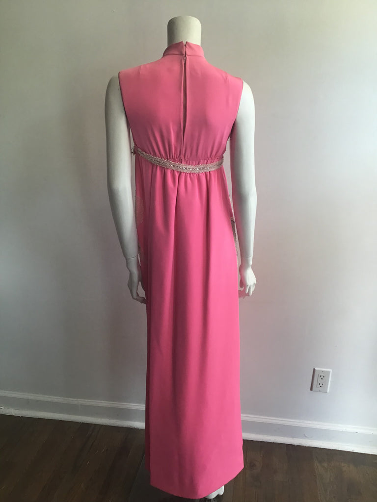 Vintage 1960s bright pink silk gown with beaded crystal Irises