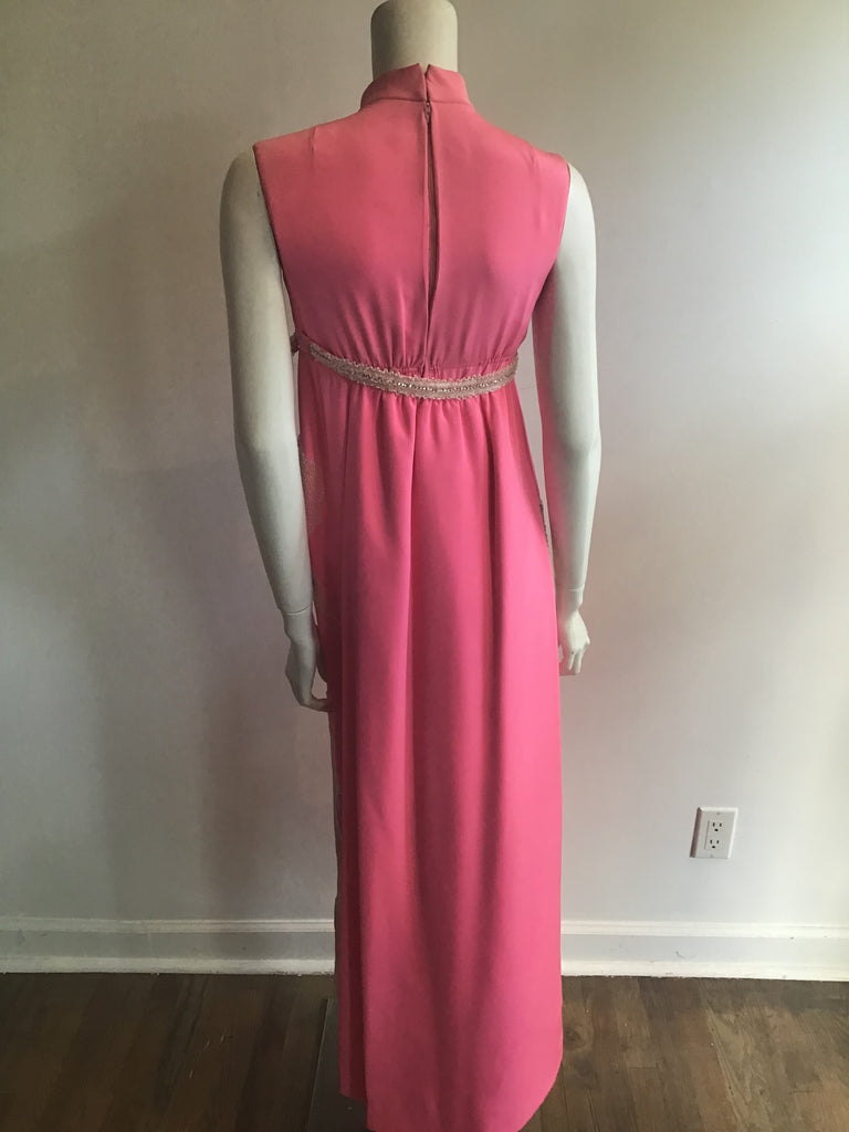 1960s Vibrant Pink Silk Evening Gown with Beaded Irises-size 4