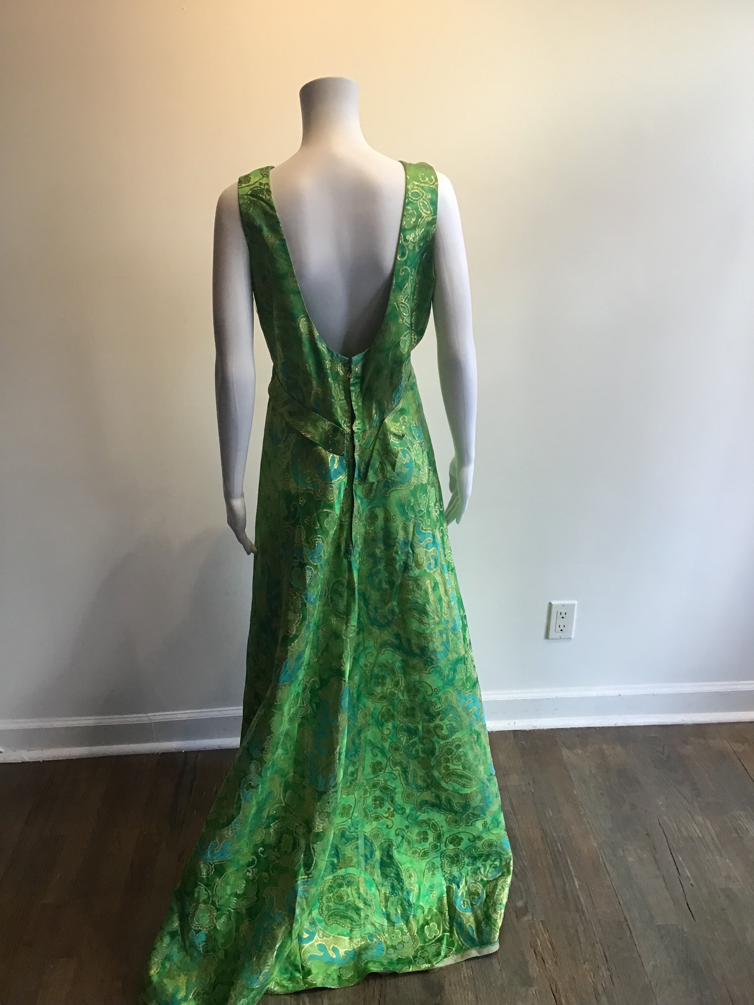 1960’s Phillip Hulitar Green and Gold Lamé Evening Dress Size 10