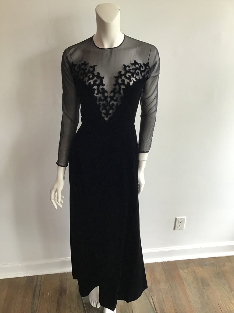 1980s Black Silk and Chiffon Oscar de La Renta Evening Gown Size 6