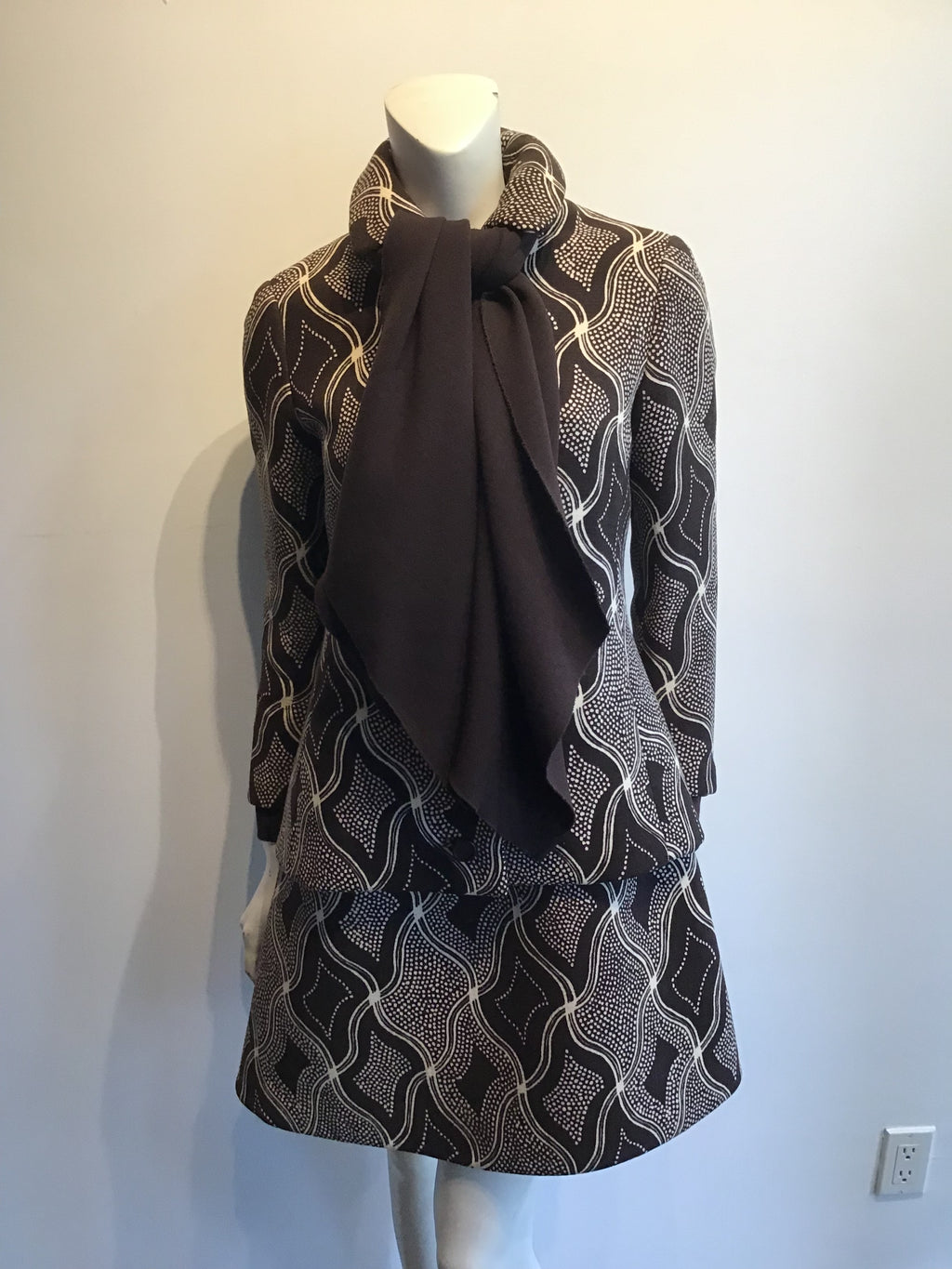 1960s Wool/Wool Crepe Brown Printed Dress with Jacket and Scarf Size 8