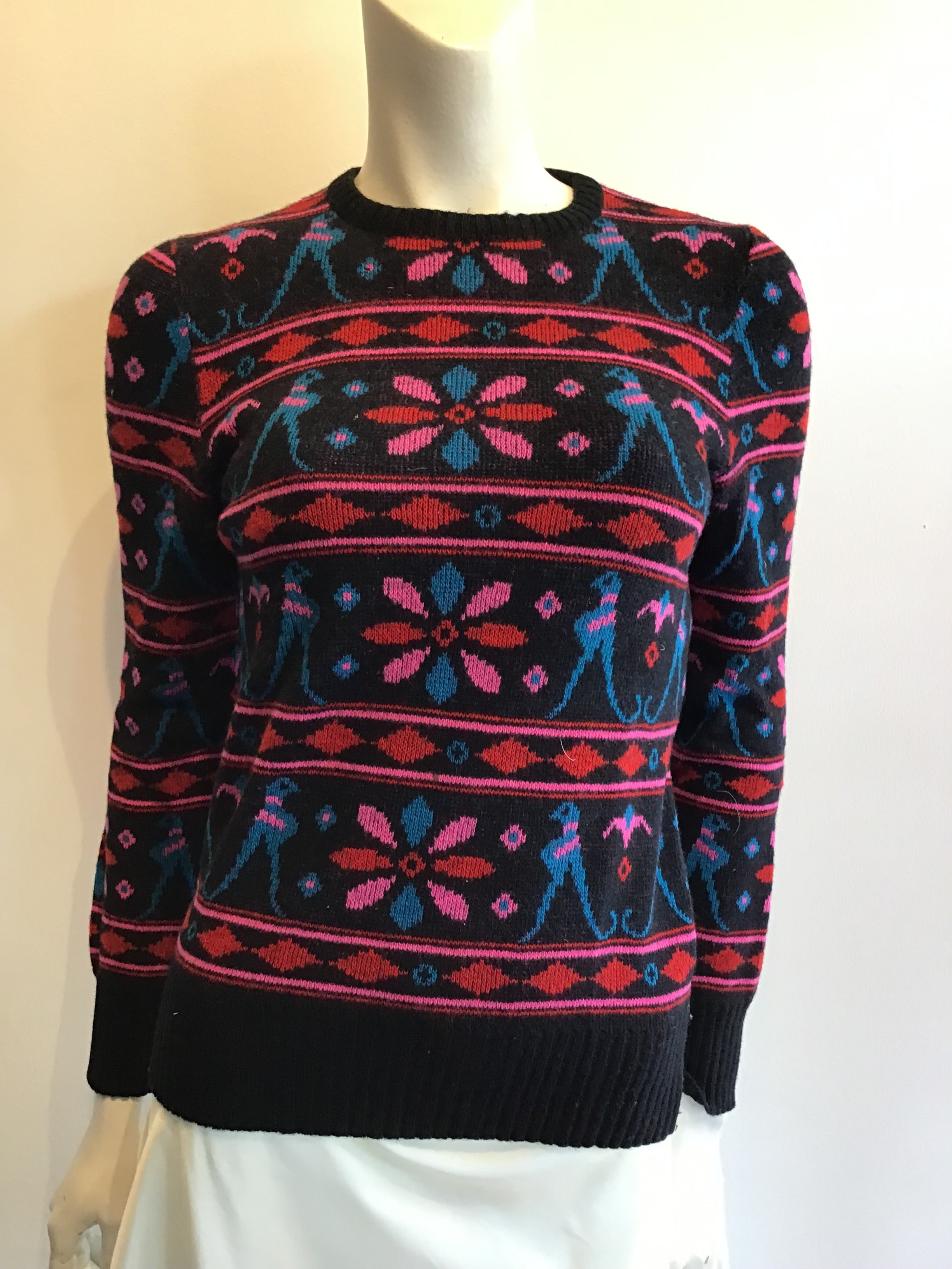 1970’s Valentino Blue, Pink and Black Wool Sweater Size 6