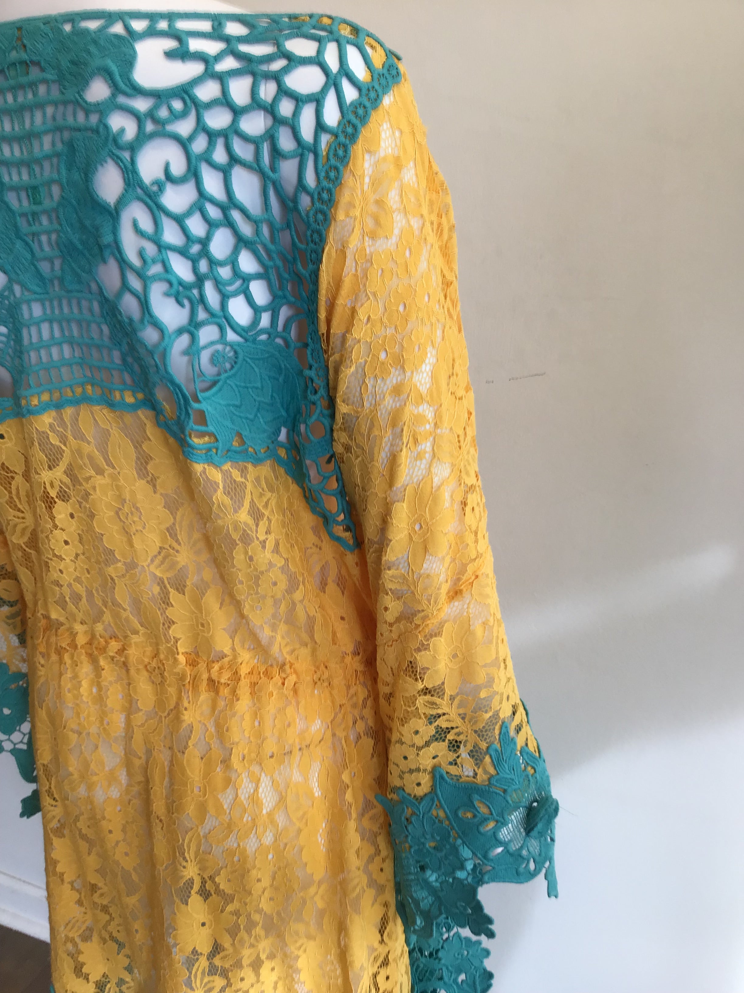2000’s Antica Santoria Turquoise and Yellow Cotton Lace Cover Up One Size