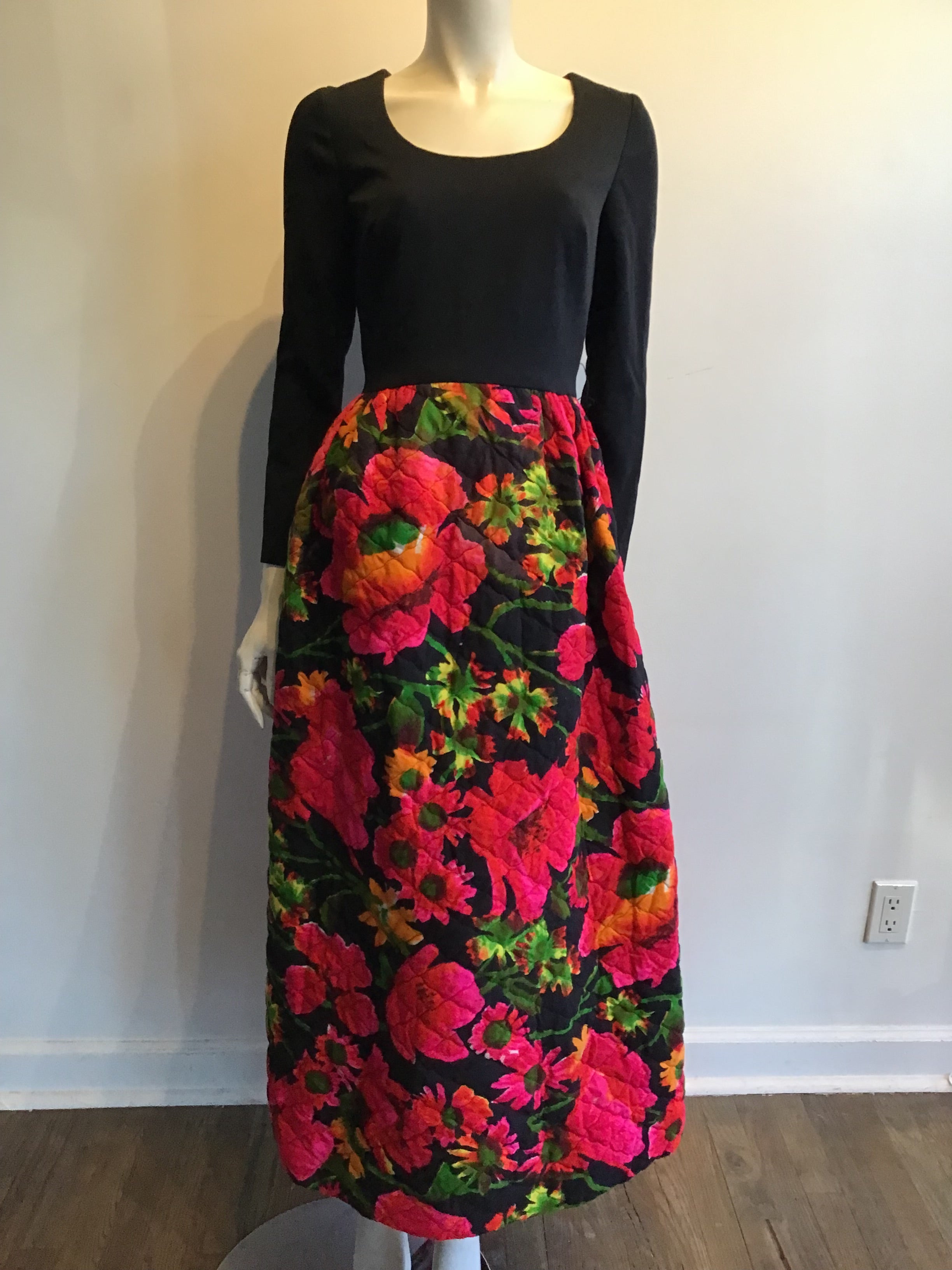 1960’s Black Top with Quilted Floral Skirt Cotton/Crepe Dress Size 6/7