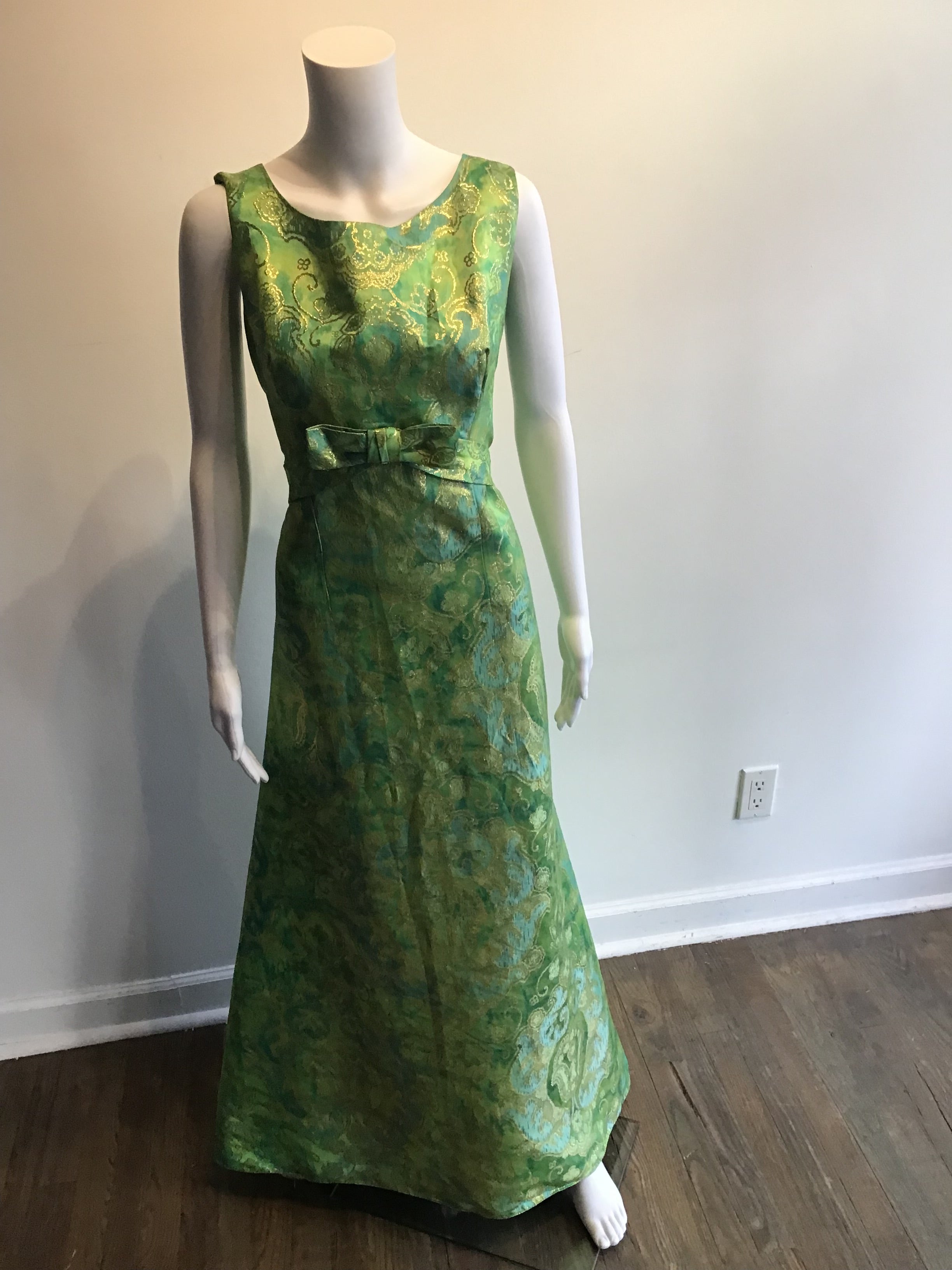 1960’s Phillip Hulitar Green and Gold Lamé Evening Dress Size 10