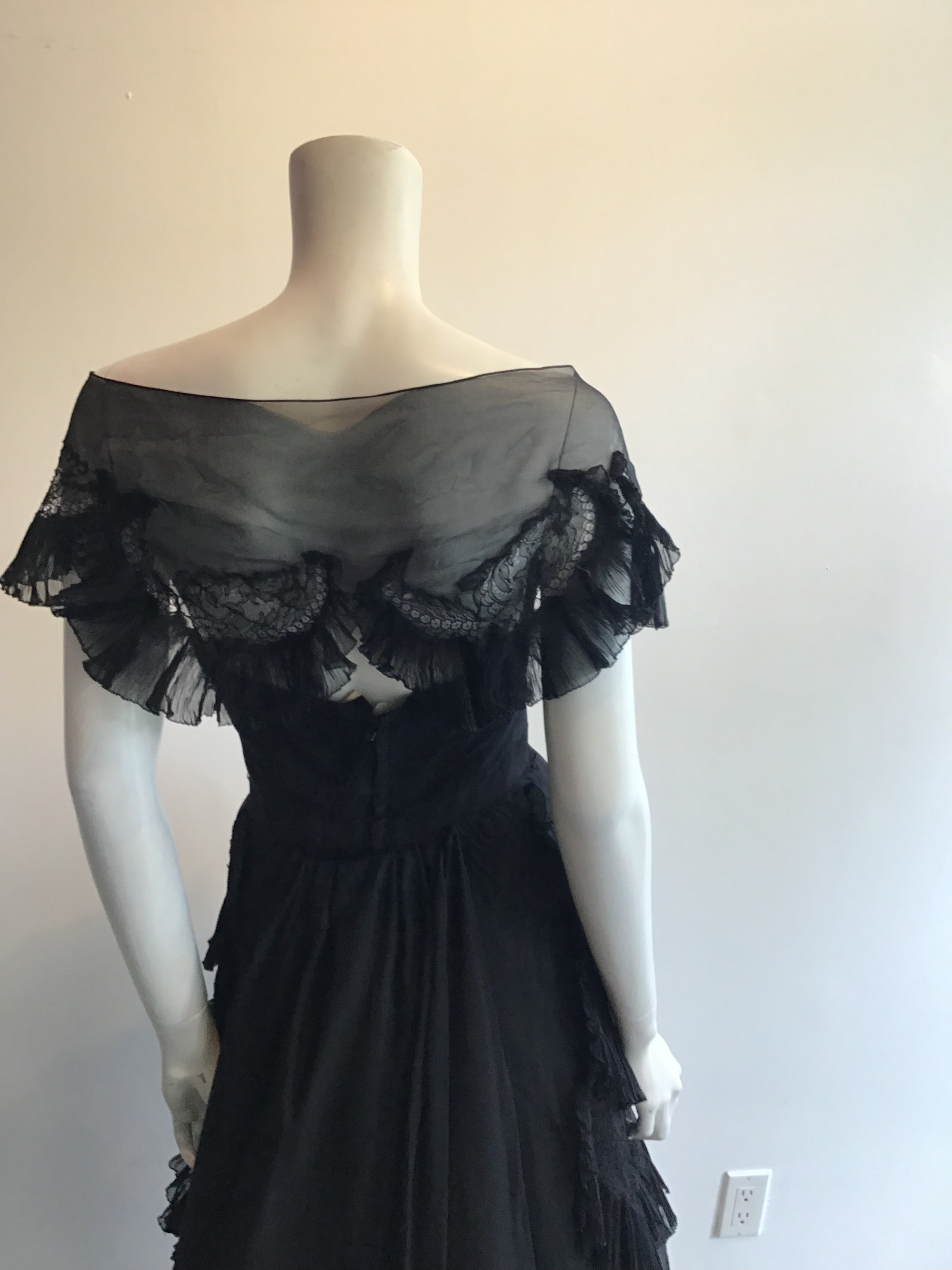1950s Harvey Brenin Black Organza and Lace Cocktail Dress Size 6