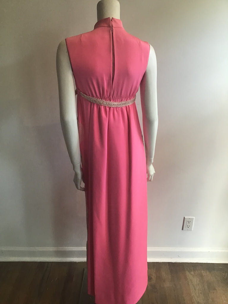 1960s Vibrant Pink Silk Evening Gown with Beaded Irises-size 4