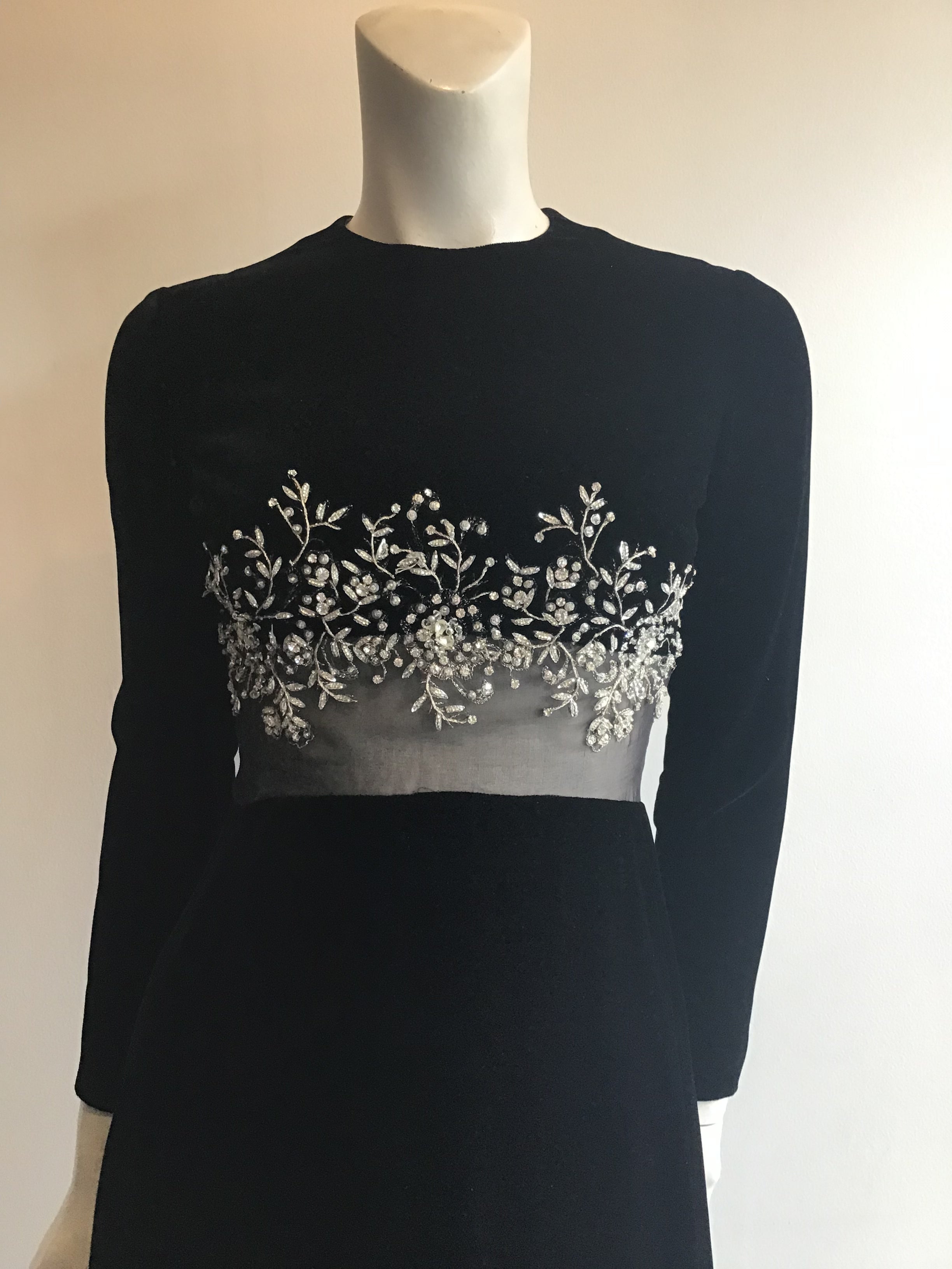 1960's Malcolm Starr Black Silk Velvet Evening Dress with rhinestone and Crystal detailing on bodice illusion waist Size 5/6
