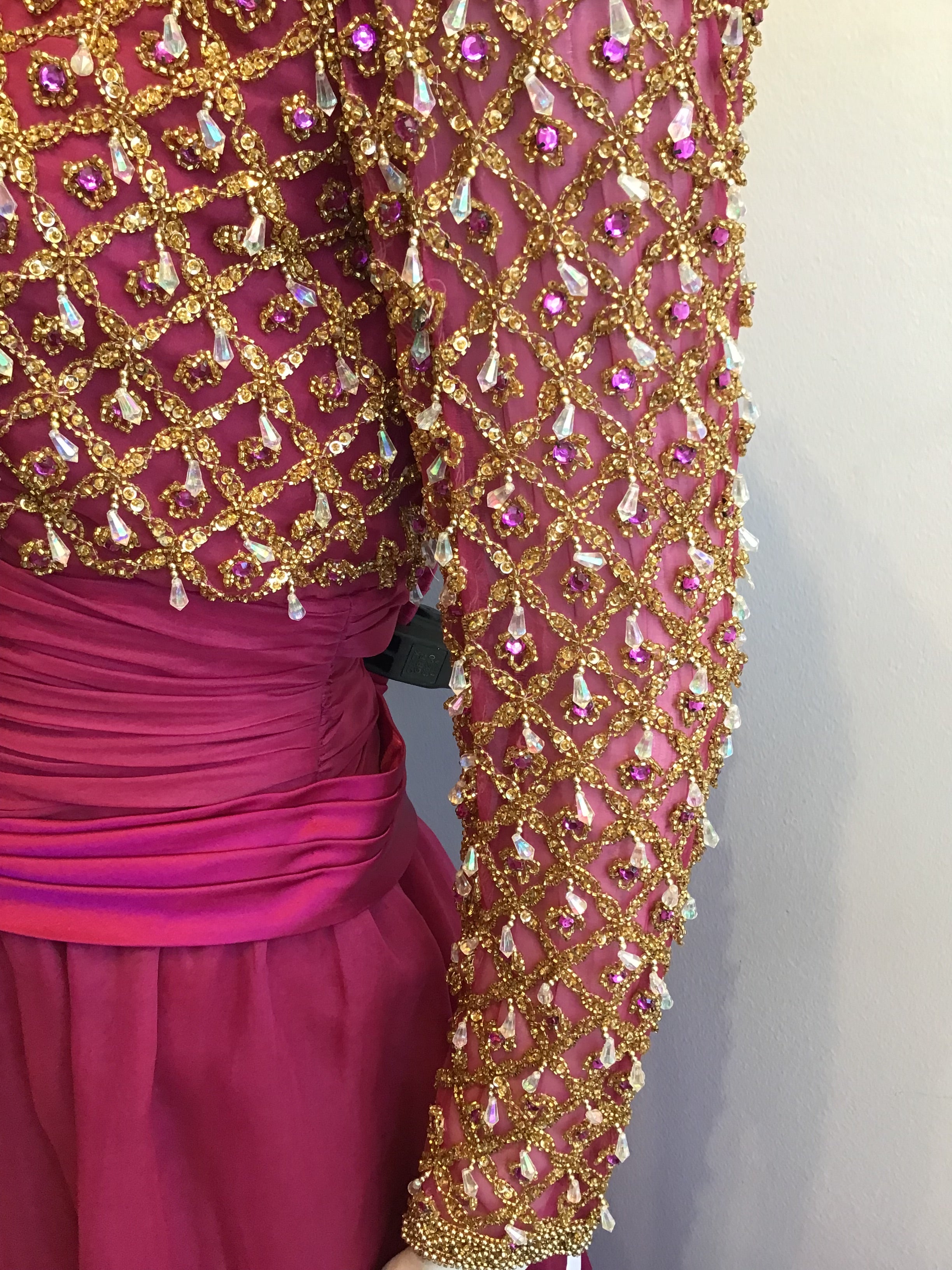 1980’s Cranberry Crepe Beaded Victoria Ltd of Hong Kong Evening Dress Size 8