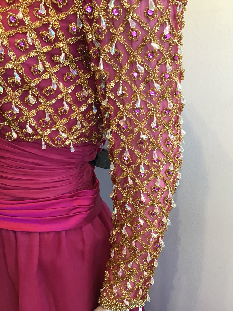 1980’s Cranberry Crepe Beaded Victoria Ltd of Hong Kong Evening Dress Size 8