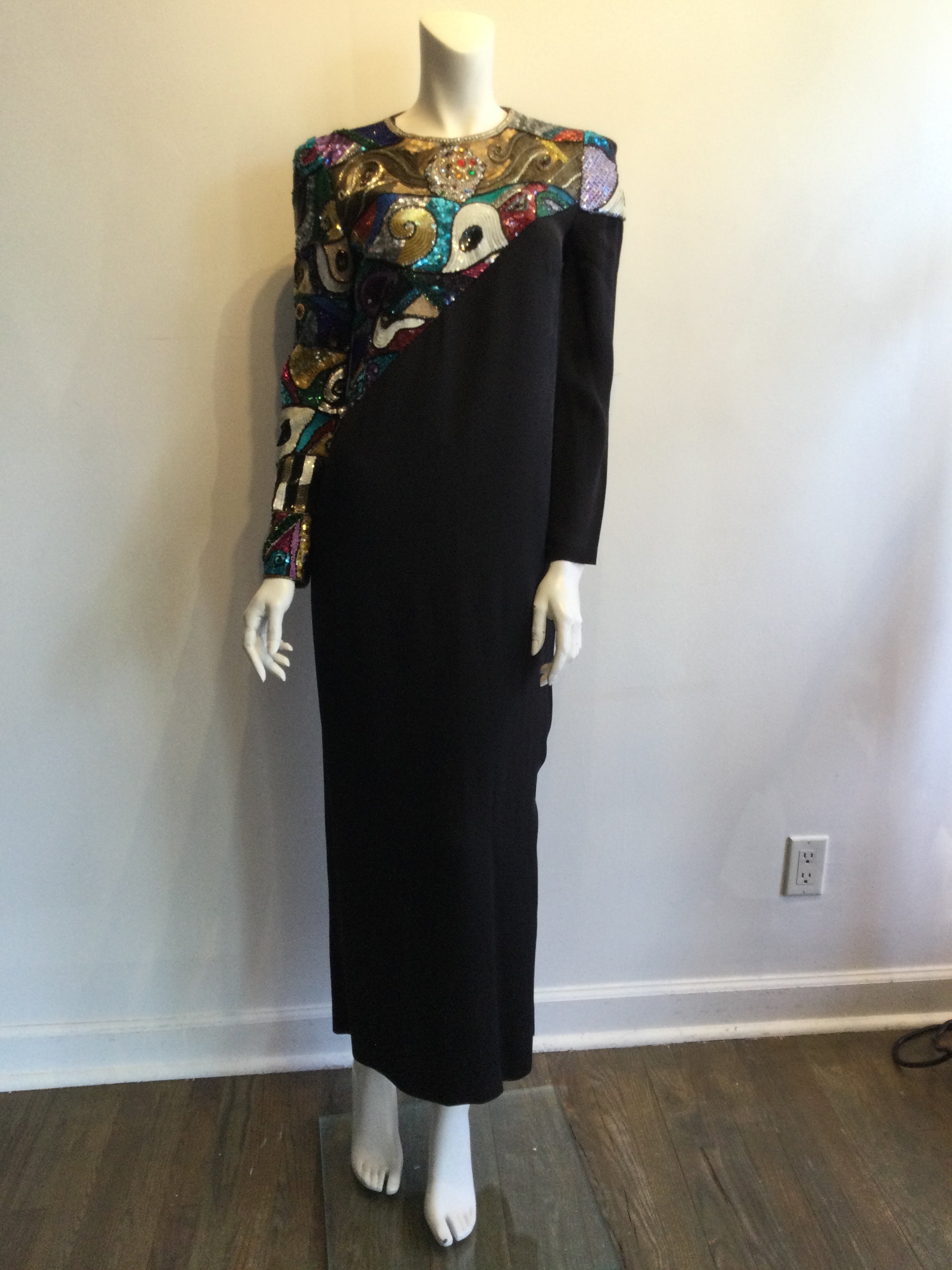1980’s Louis Féraud  BlackBeaded Viscoise Evening Dress Size 8