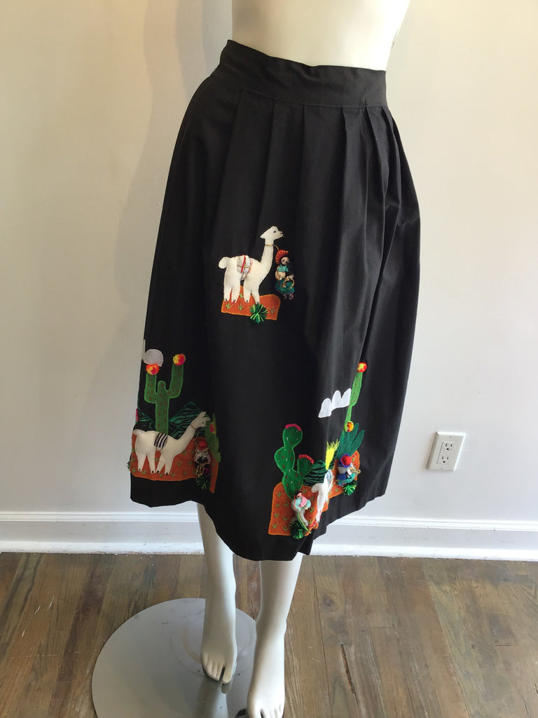 1950’s Cotton Black Skirt with South American Vignette Appliquéd Size up to 8