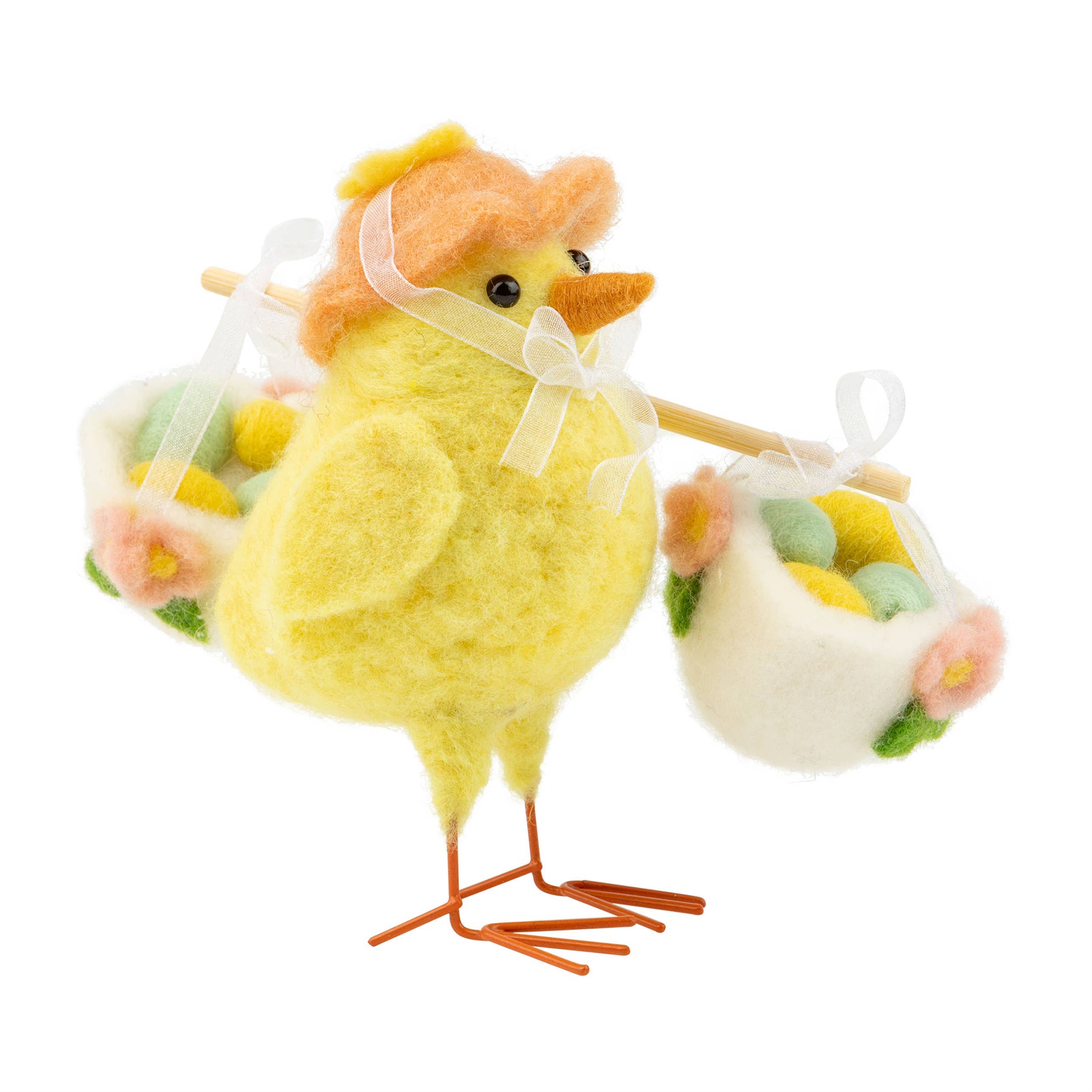 Felt chick carrying egg baskets on pole, 7.5 in
