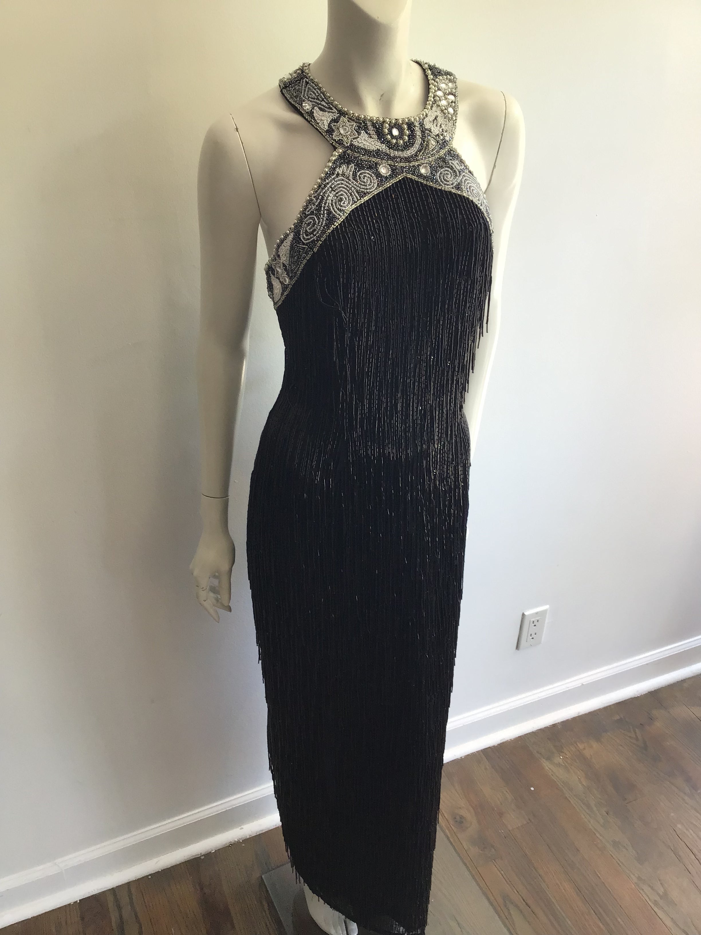 1980's Black Beaded Fringe Evening Dress Size 8