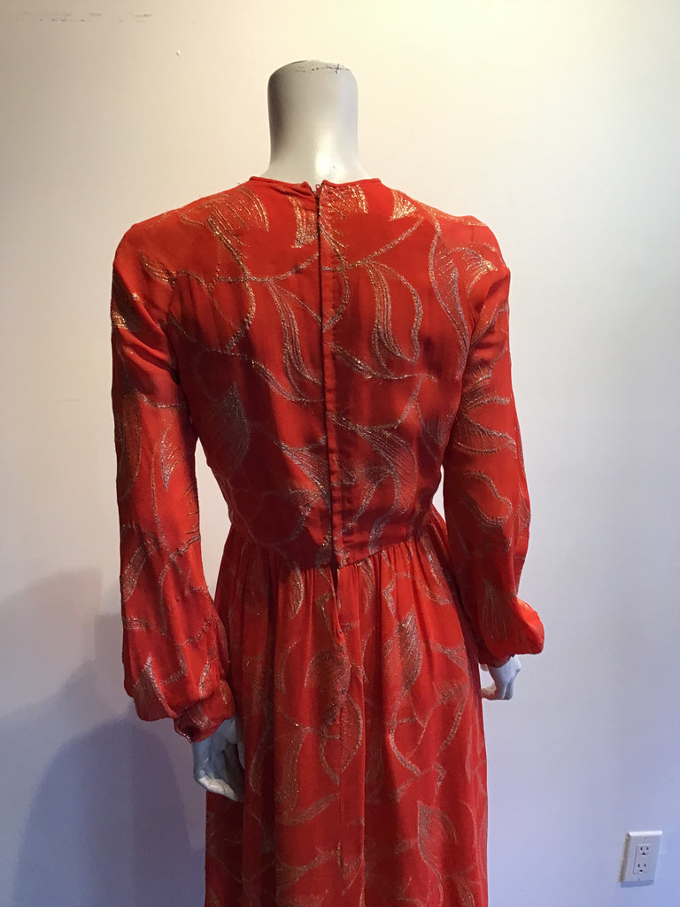 1970’s Adele Simpson Orange and Gold Lamé Evening Gown Size 8