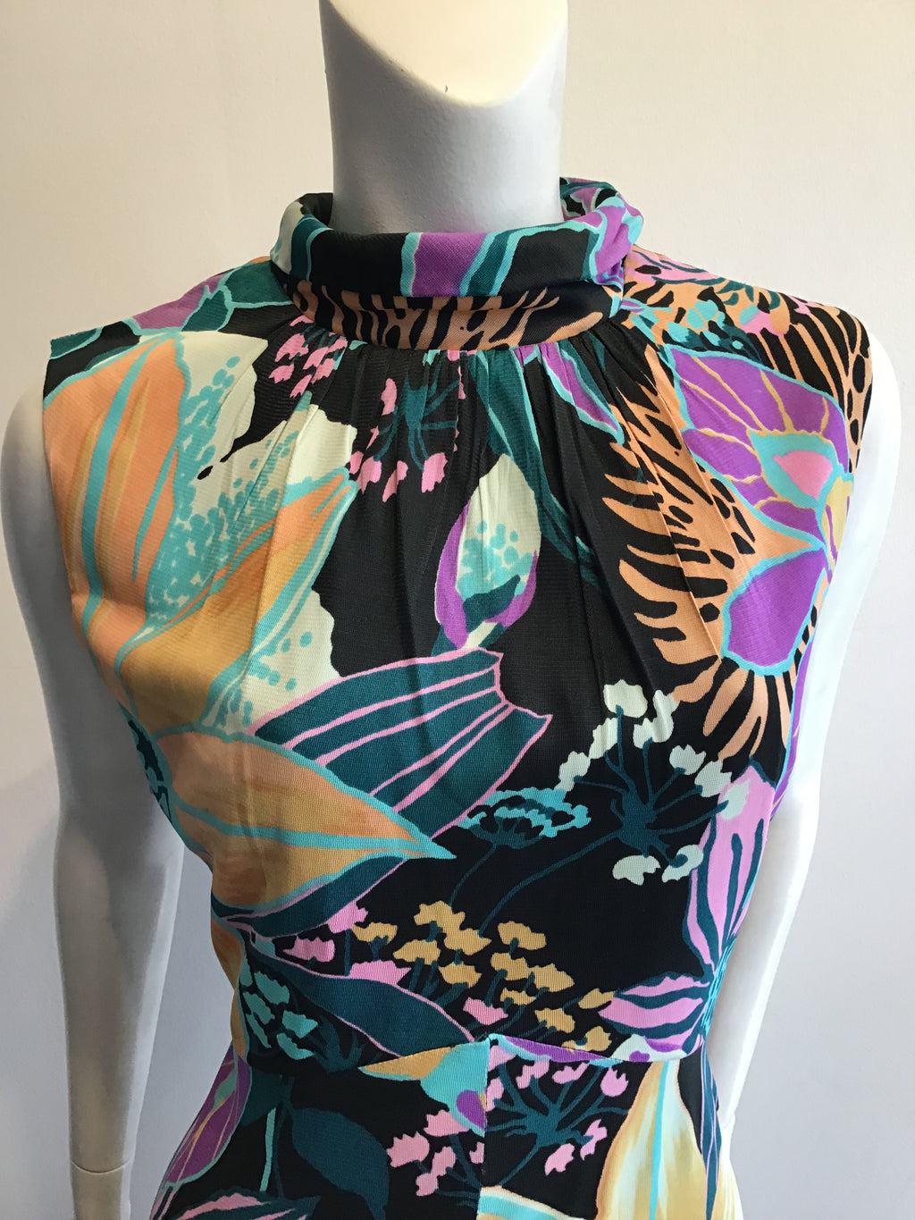 1970’s Black Floral Mock Turtleneck Polyester Maxi Dress Size 8/9