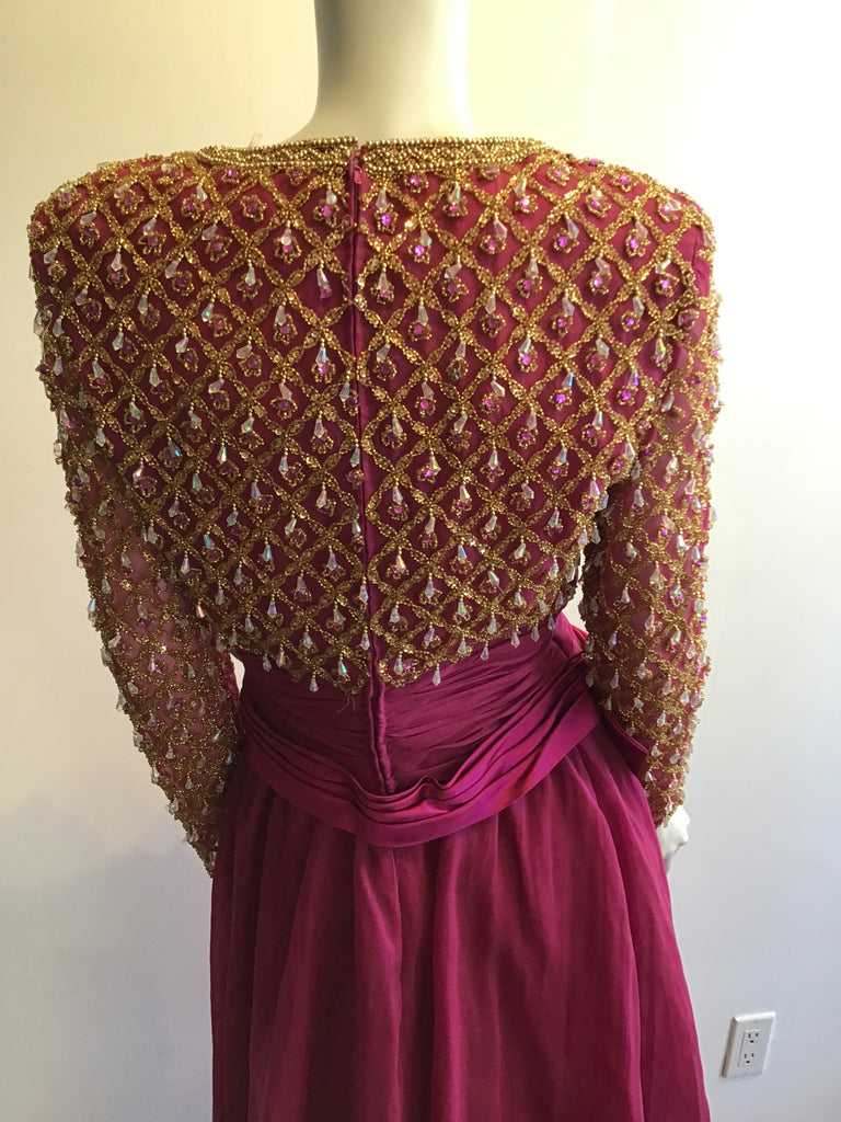 1980’s Cranberry Crepe Beaded Victoria Ltd of Hong Kong Evening Dress Size 8