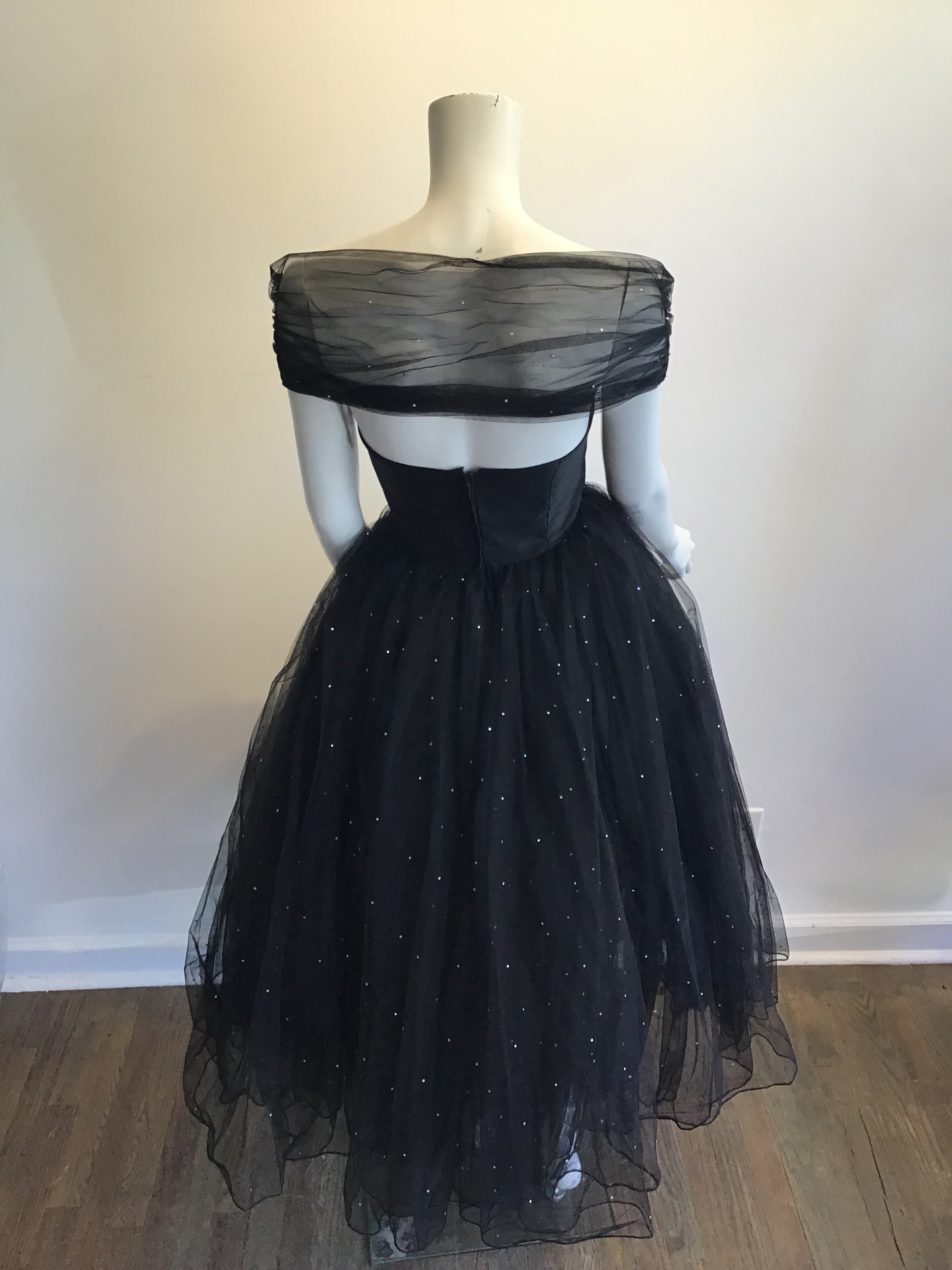 1980s David Fielden Black Tuille Strapless Evening Gown Size 4