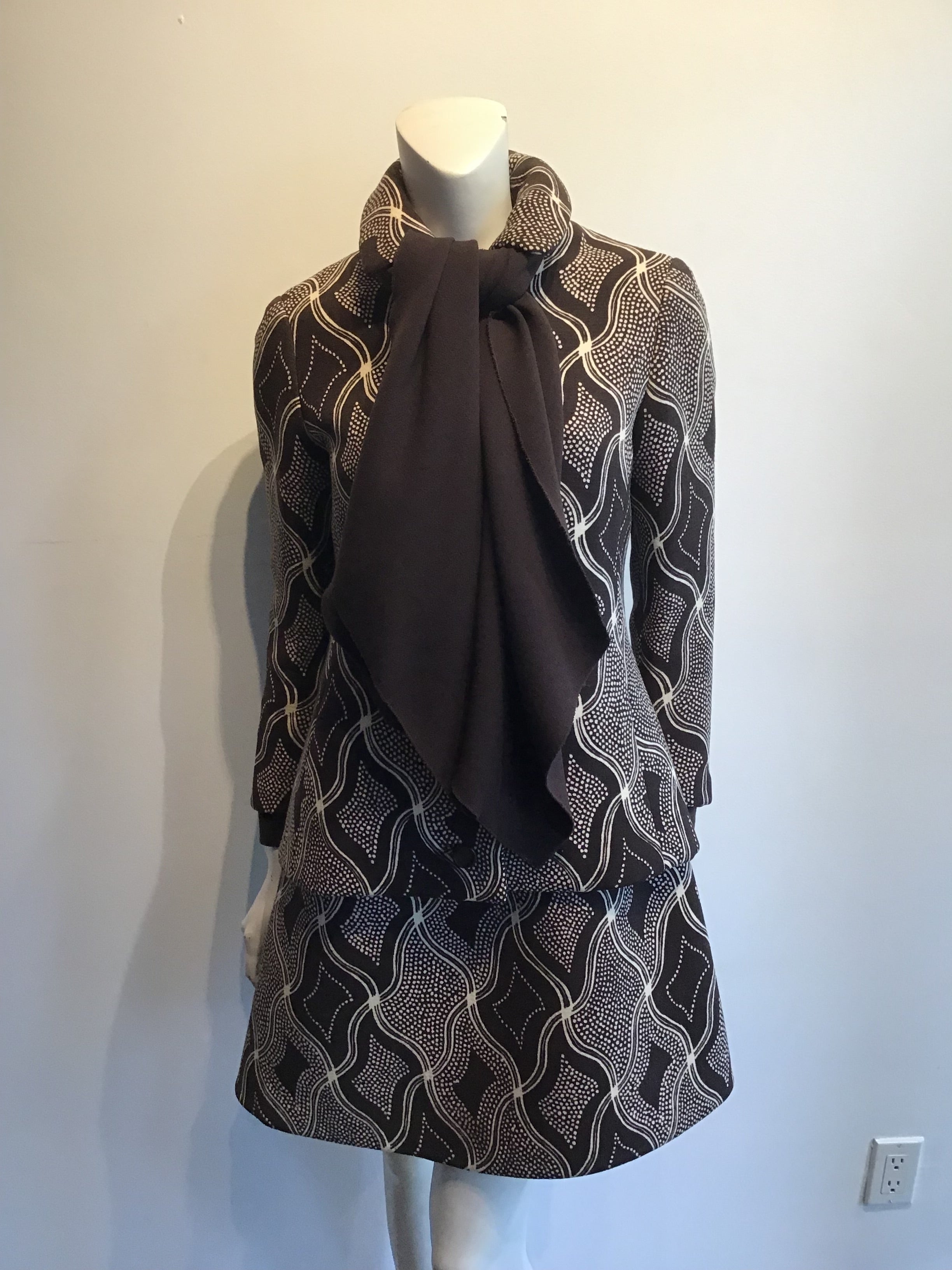1960s Wool/Wool Crepe Brown Printed Dress with Jacket and Scarf Size 8