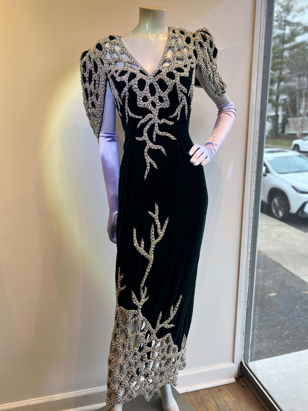 1980’s Forest Green Silk Velvet and Silver Beads Gown attributed to Bob Mackie Gown Size 8