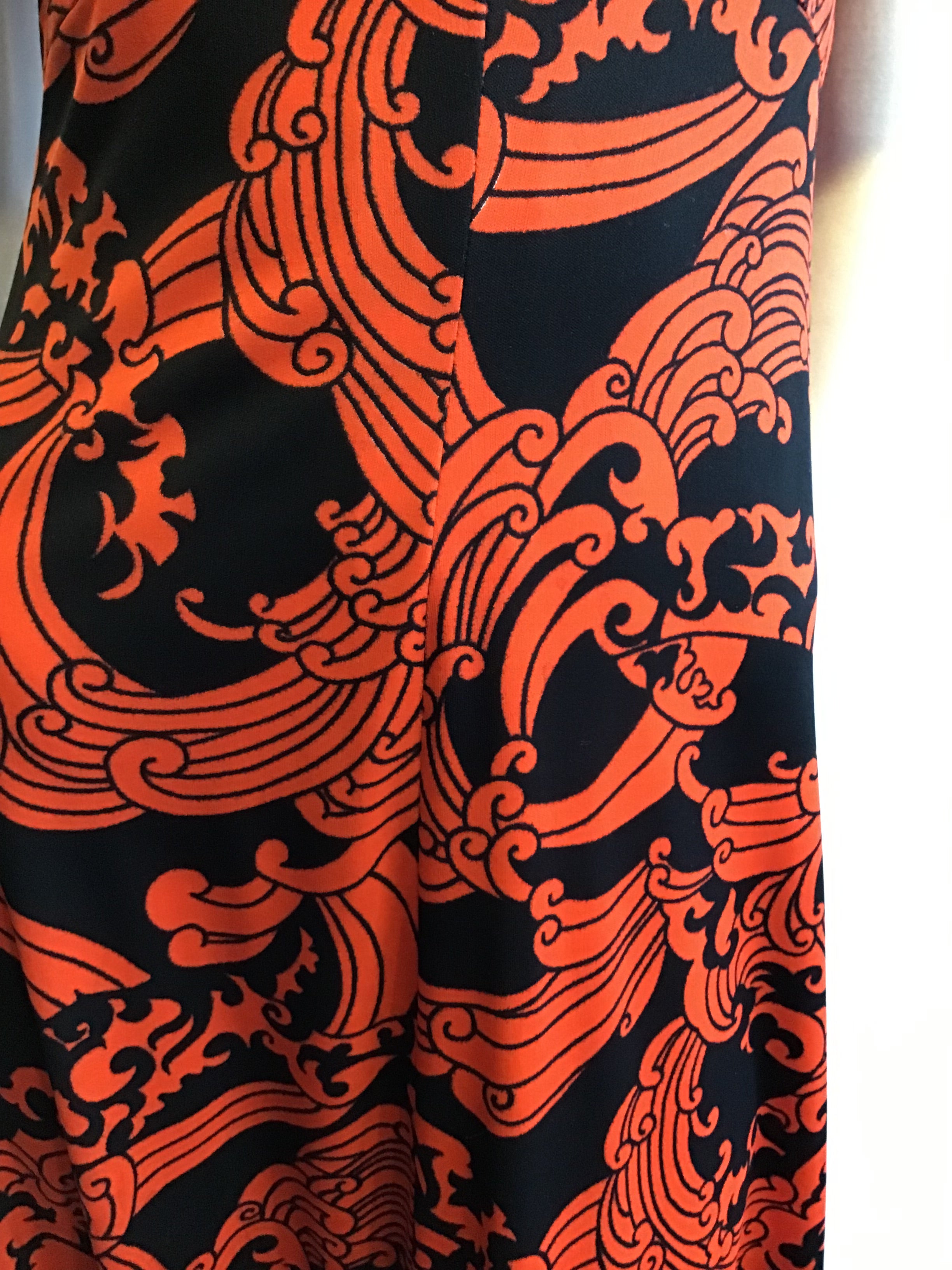 1970’s Orange and Black Printed Polyester Maxi Dress Size 6