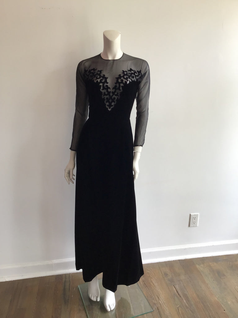 1980s Black Silk and Chiffon Oscar de La Renta Evening Gown Size 6