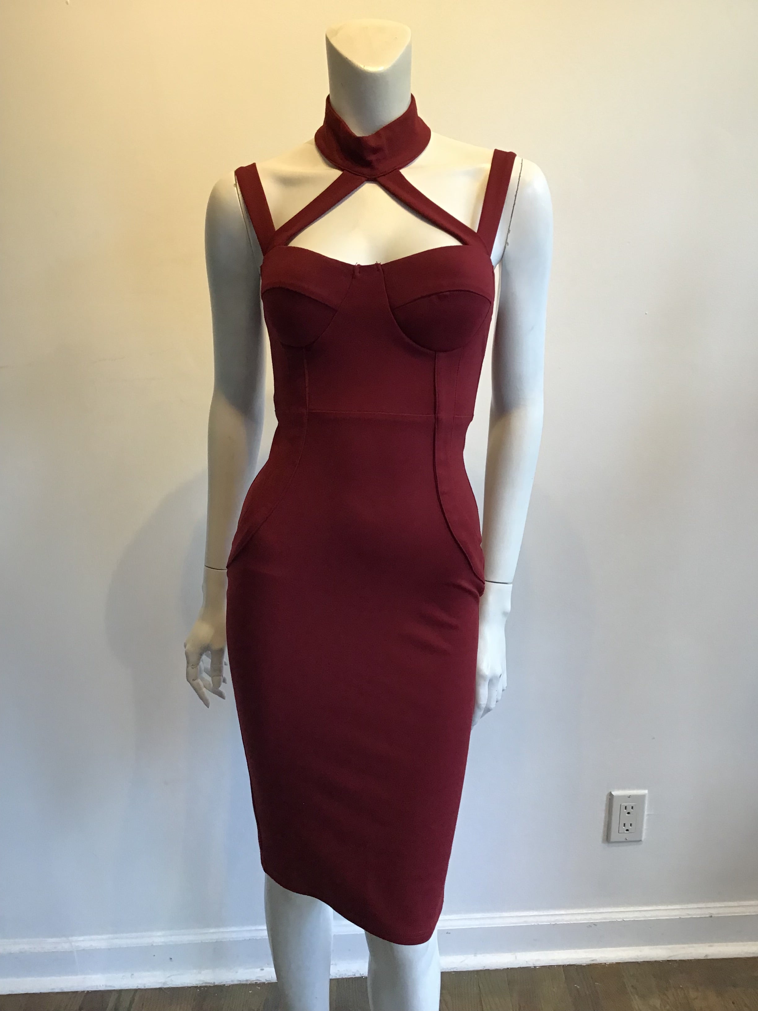 2000s Maroon Lycra Bustier Dress Size 4