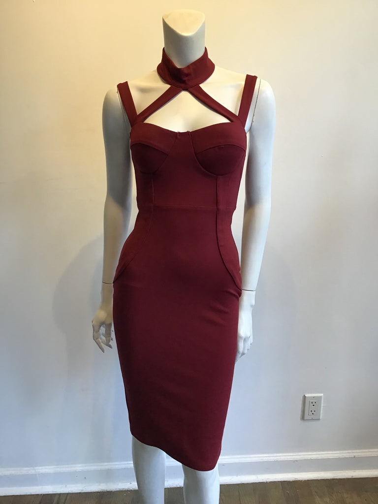 2000s Maroon Lycra Bustier Dress Size 4