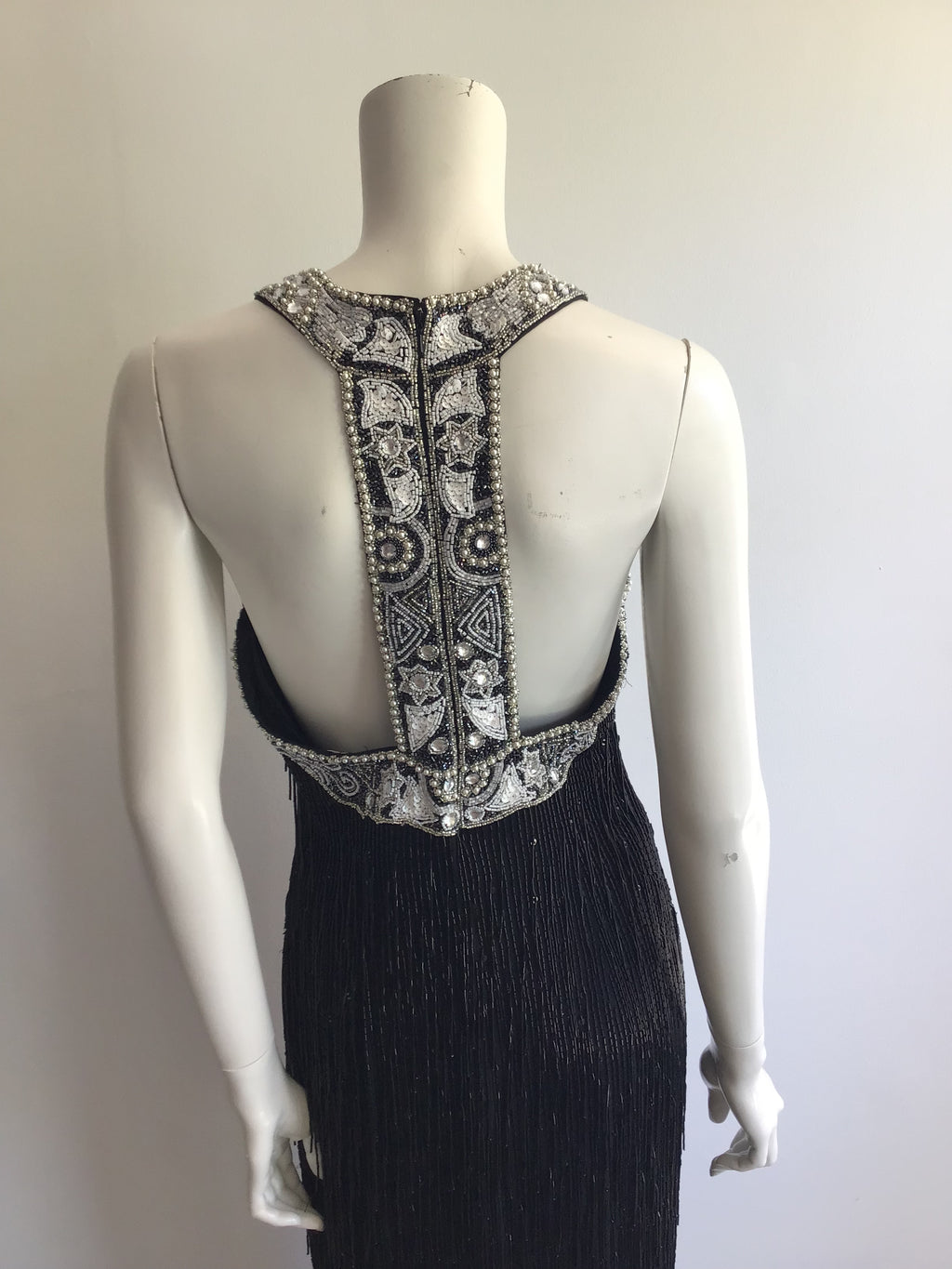1980's Black Beaded Fringe Evening Dress Size 8