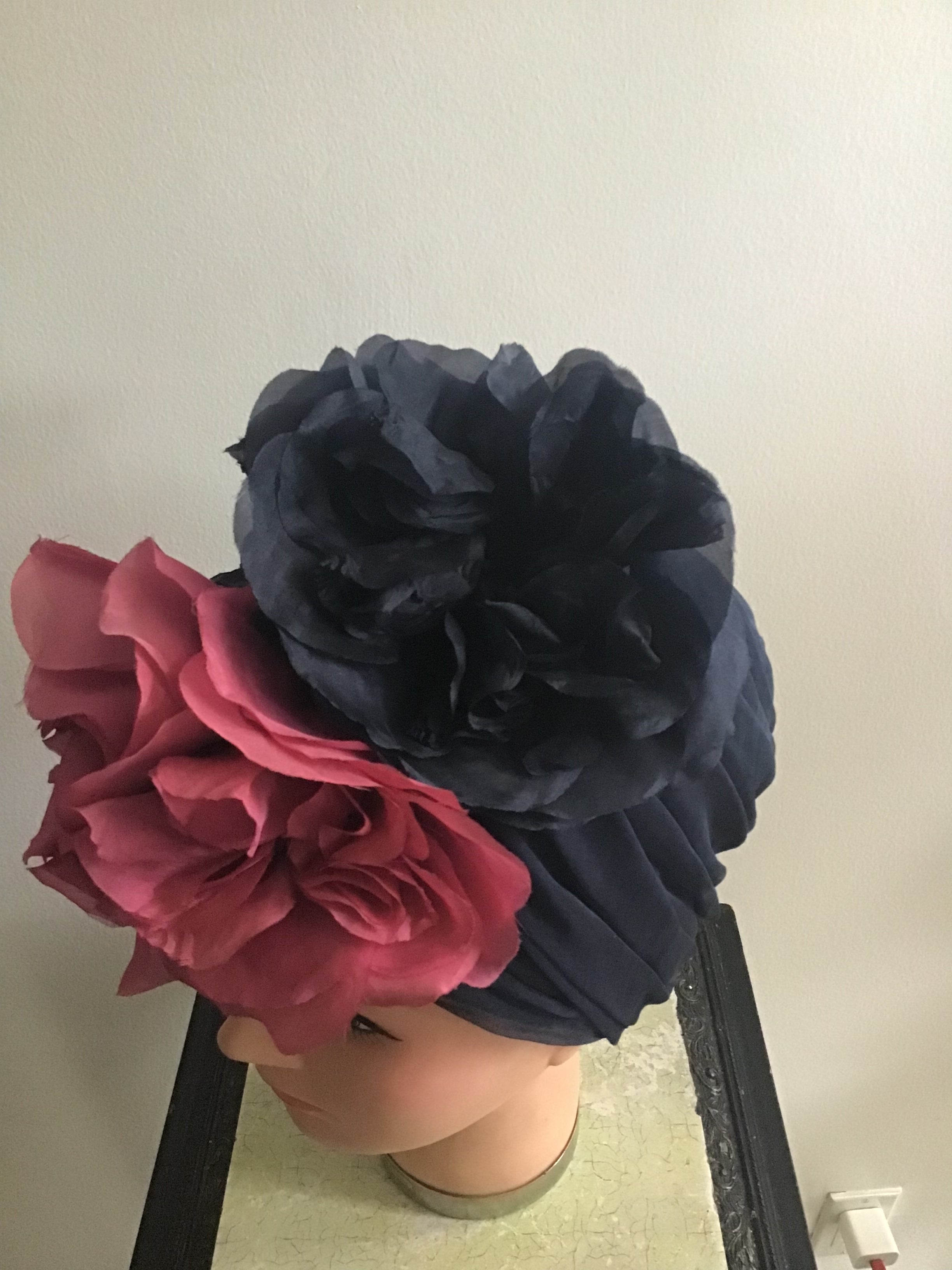 1960s Christian Dior New York ,Turban with Raspberry/blk  silk Flowers