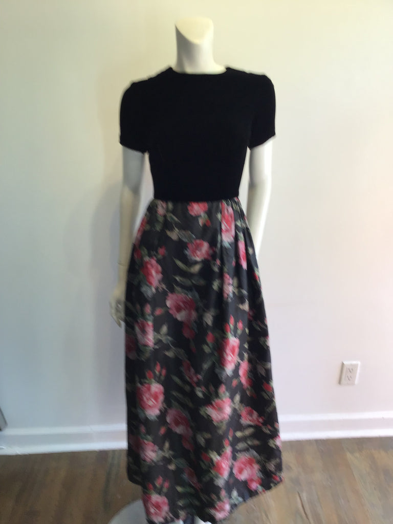 1960s Black Floral Silk Evening Dress Size 2