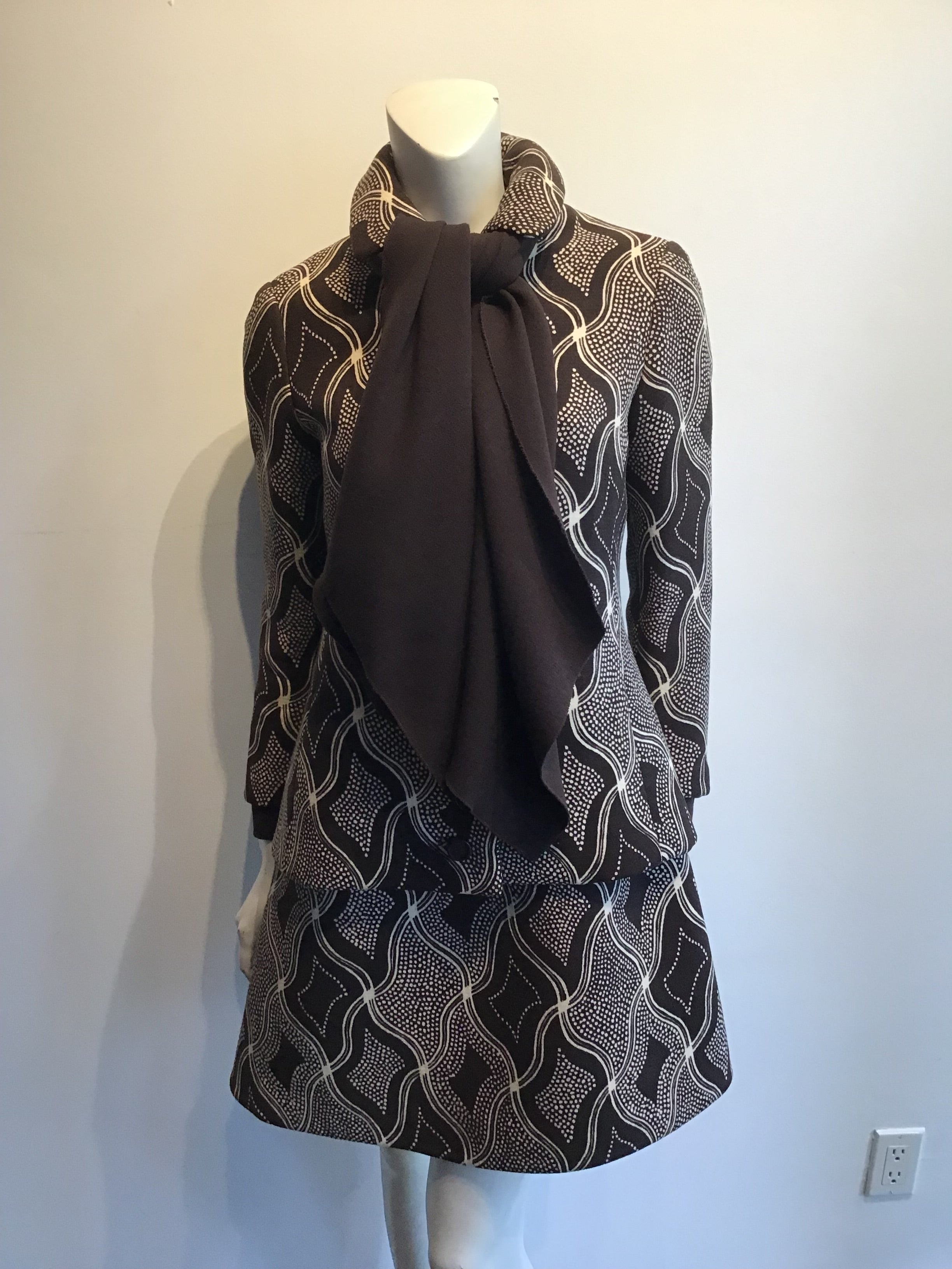 1960s Wool/Wool Crepe Brown Printed Dress with Jacket and Scarf Size 8