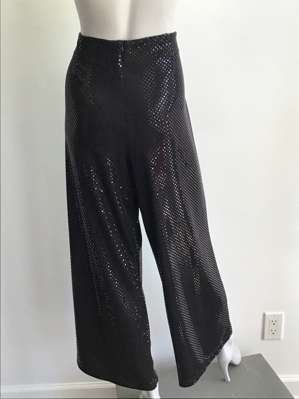 1990s Black Sequined Palazzo Pants by Deanna Cushing Palm Beach Size 14