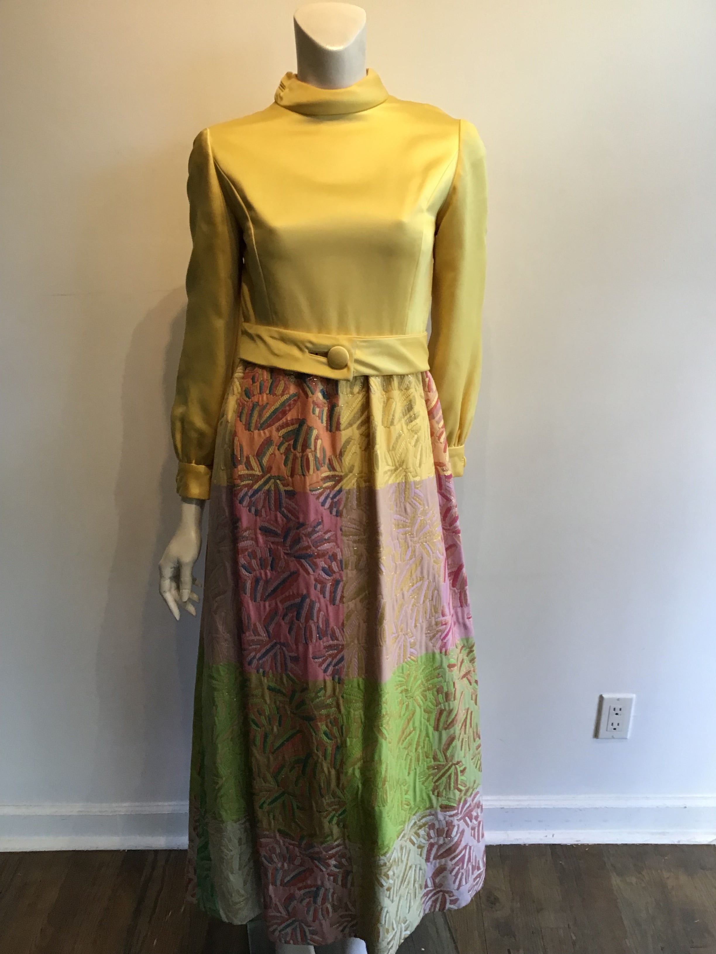 1970’s Malcolm Starr Yellow/Multicolor Silk Lamé Dress Size 6