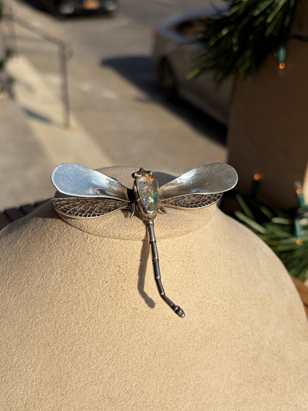 Vintage 1970s Dragonfly Sterling Pin / Brooch with faux opal stone